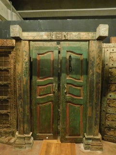 Antique Entrance Door in Green and Red Lacquered Wood, Ethnic Style, 1700