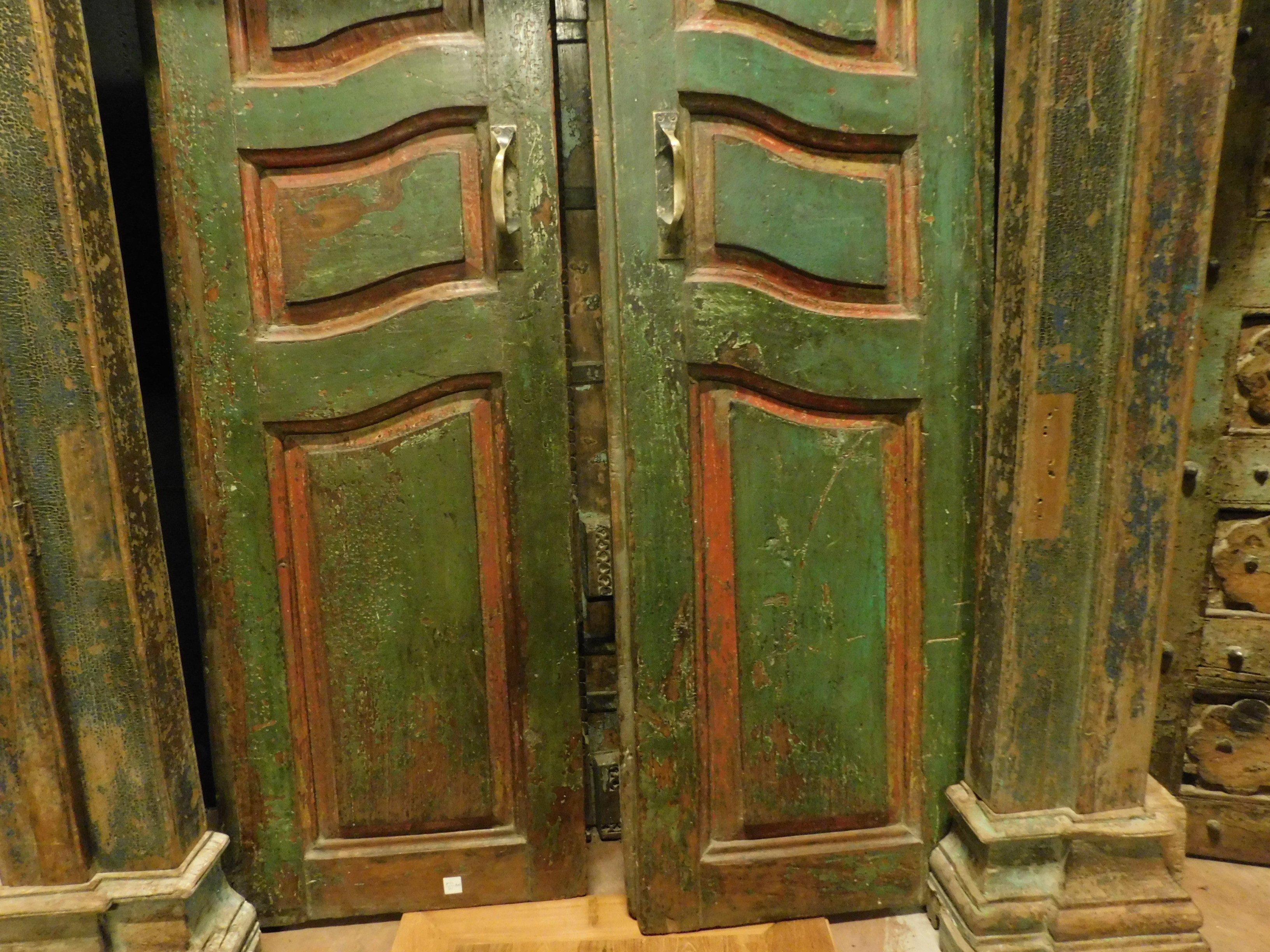 18th Century and Earlier Antique Entrance Door in Green and Red Lacquered Wood, Ethnic Style, 1700