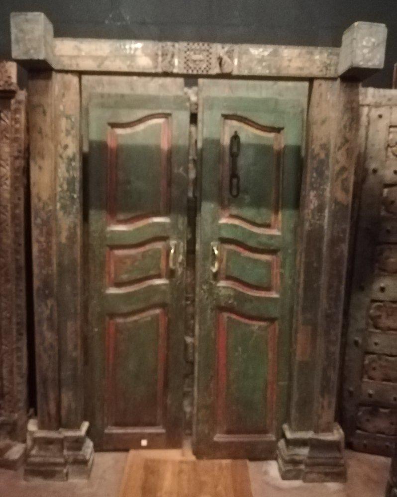 Antique Entrance Door in Green and Red Lacquered Wood, Ethnic Style, 1700 1
