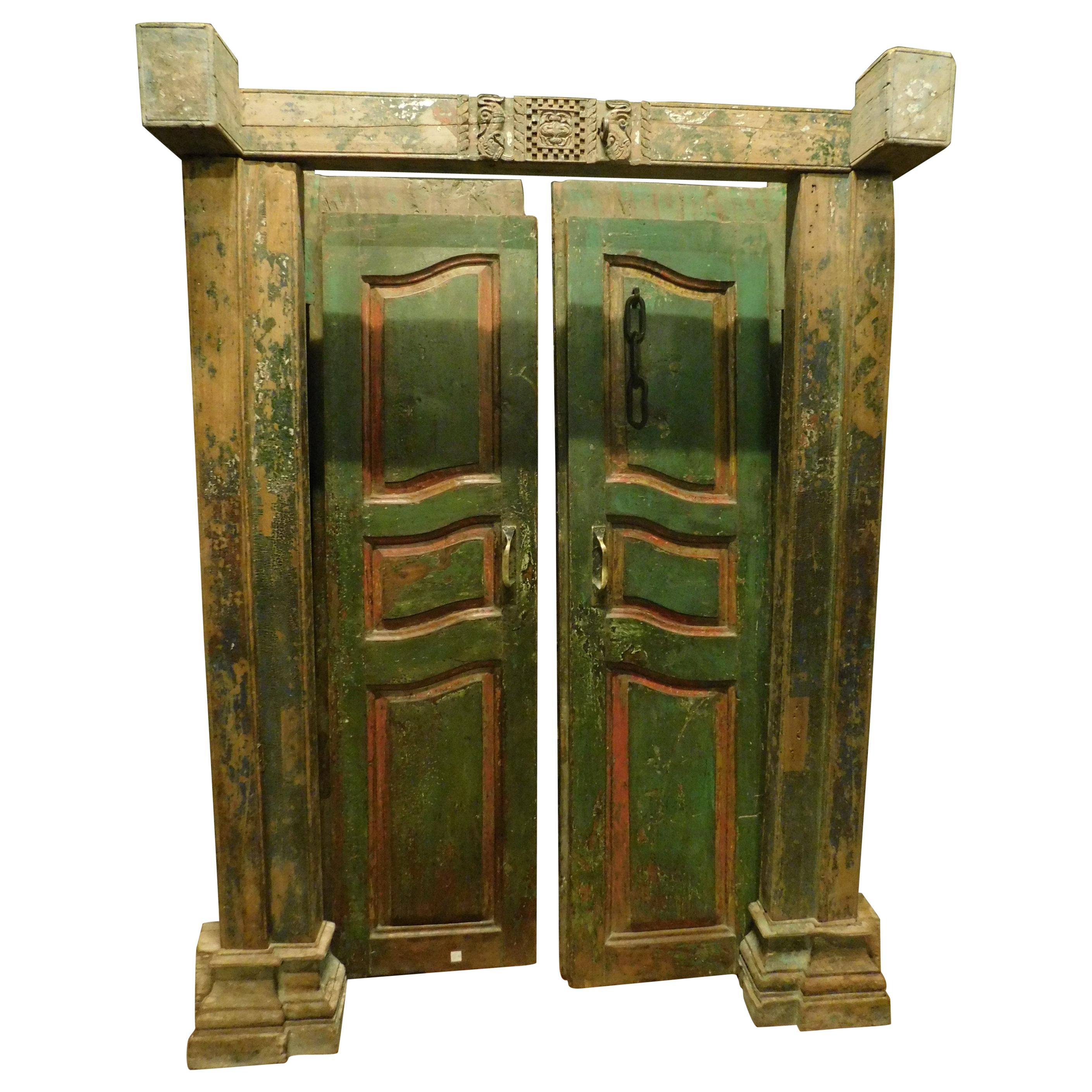 Antique Entrance Door in Green and Red Lacquered Wood, Ethnic Style, 1700