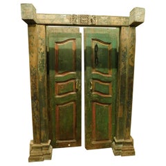 Antique Entrance Door in Green and Red Lacquered Wood, Ethnic Style, 1700