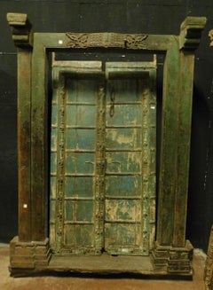 Antique Entrance Door in Green Lacquered Wood, Ethnic Style, 1700