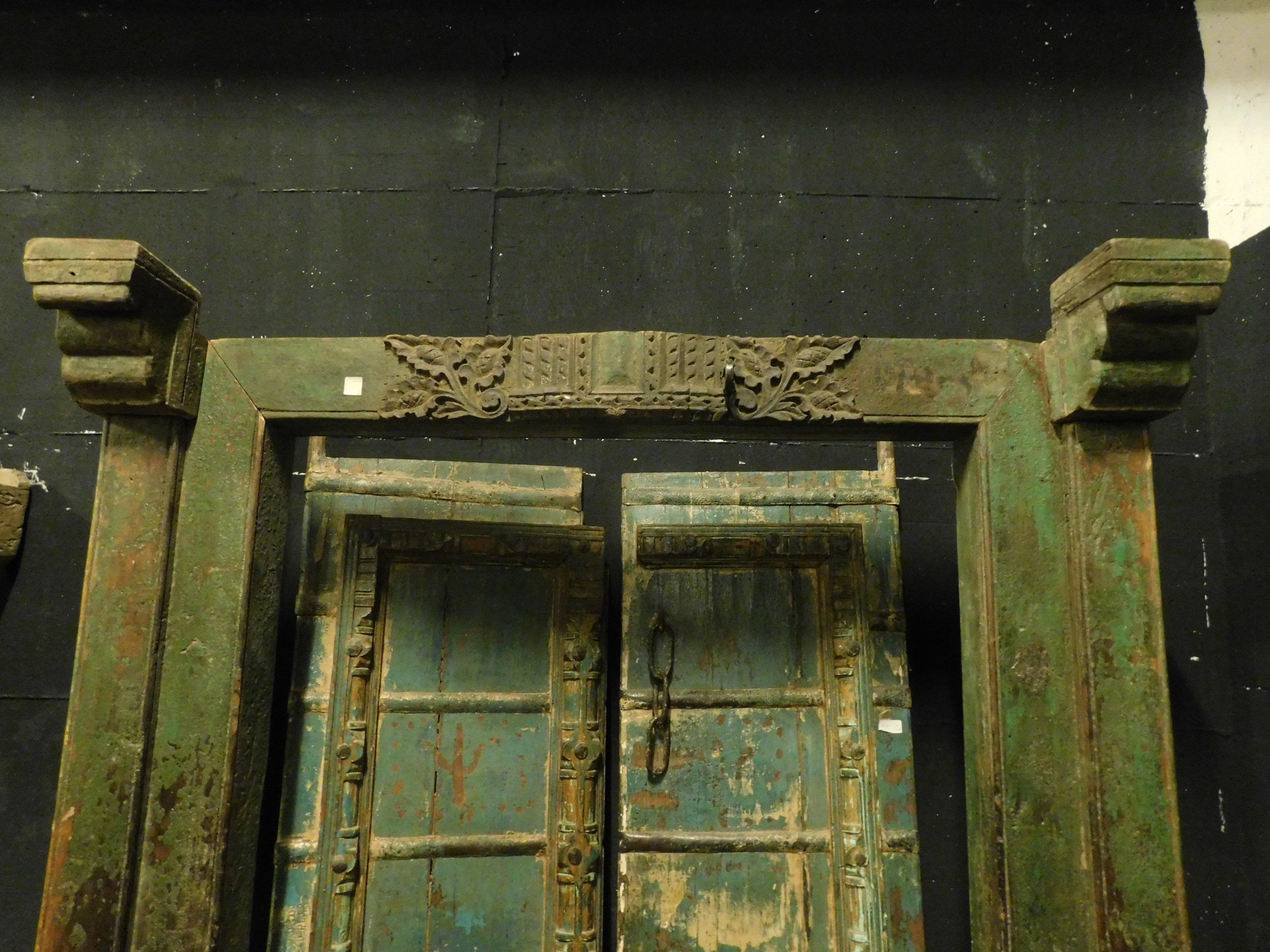 18th Century and Earlier Antique Entrance Door in Green Lacquered Wood, Ethnic Style, 1700 For Sale