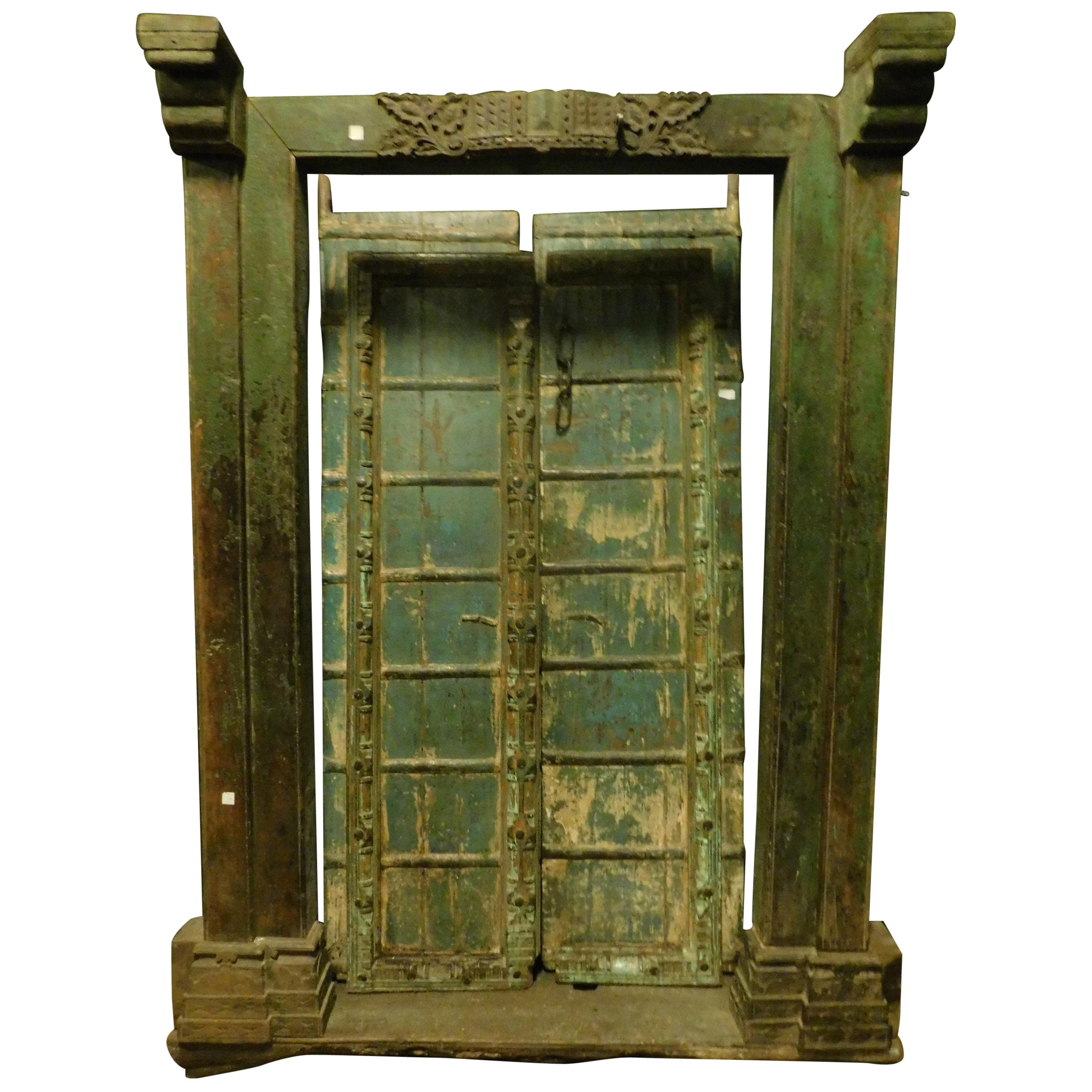 Antique Entrance Door in Green Lacquered Wood, Ethnic Style, 1700