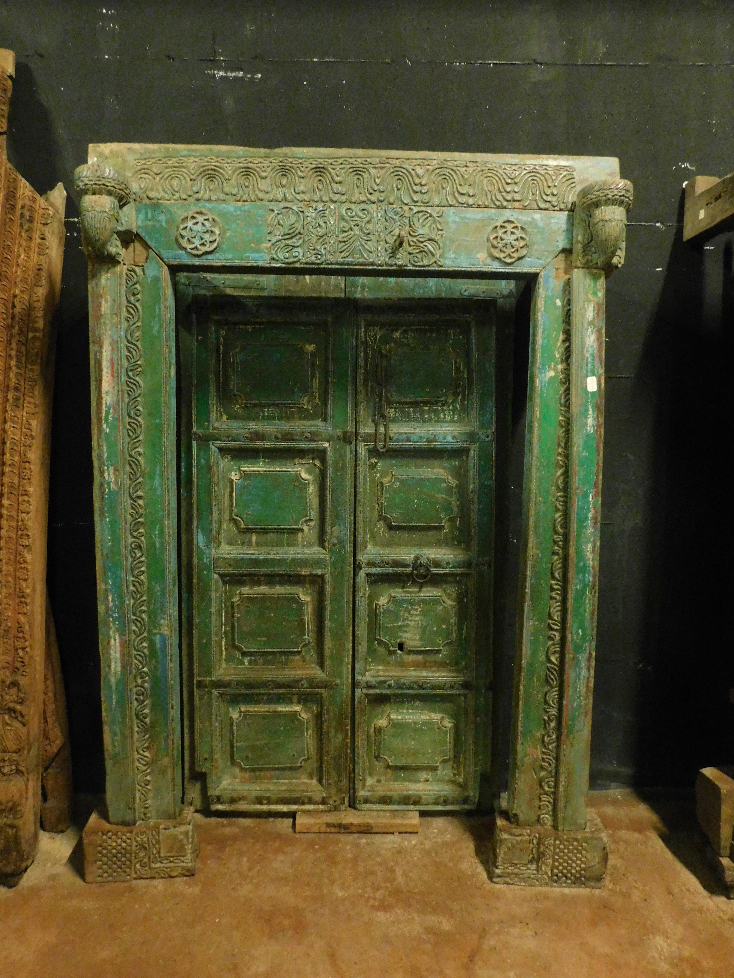 Indian Antique Entrance Door in Green Lacquered Wood, Ethnic Style, 1800
