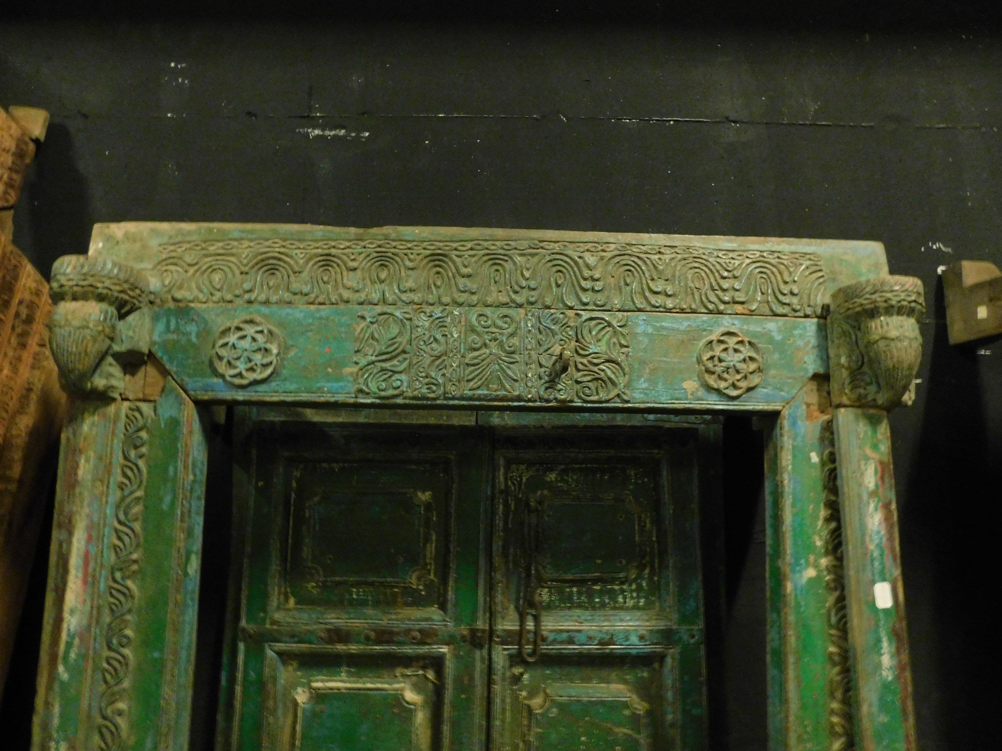 Hand-Painted Antique Entrance Door in Green Lacquered Wood, Ethnic Style, 1800