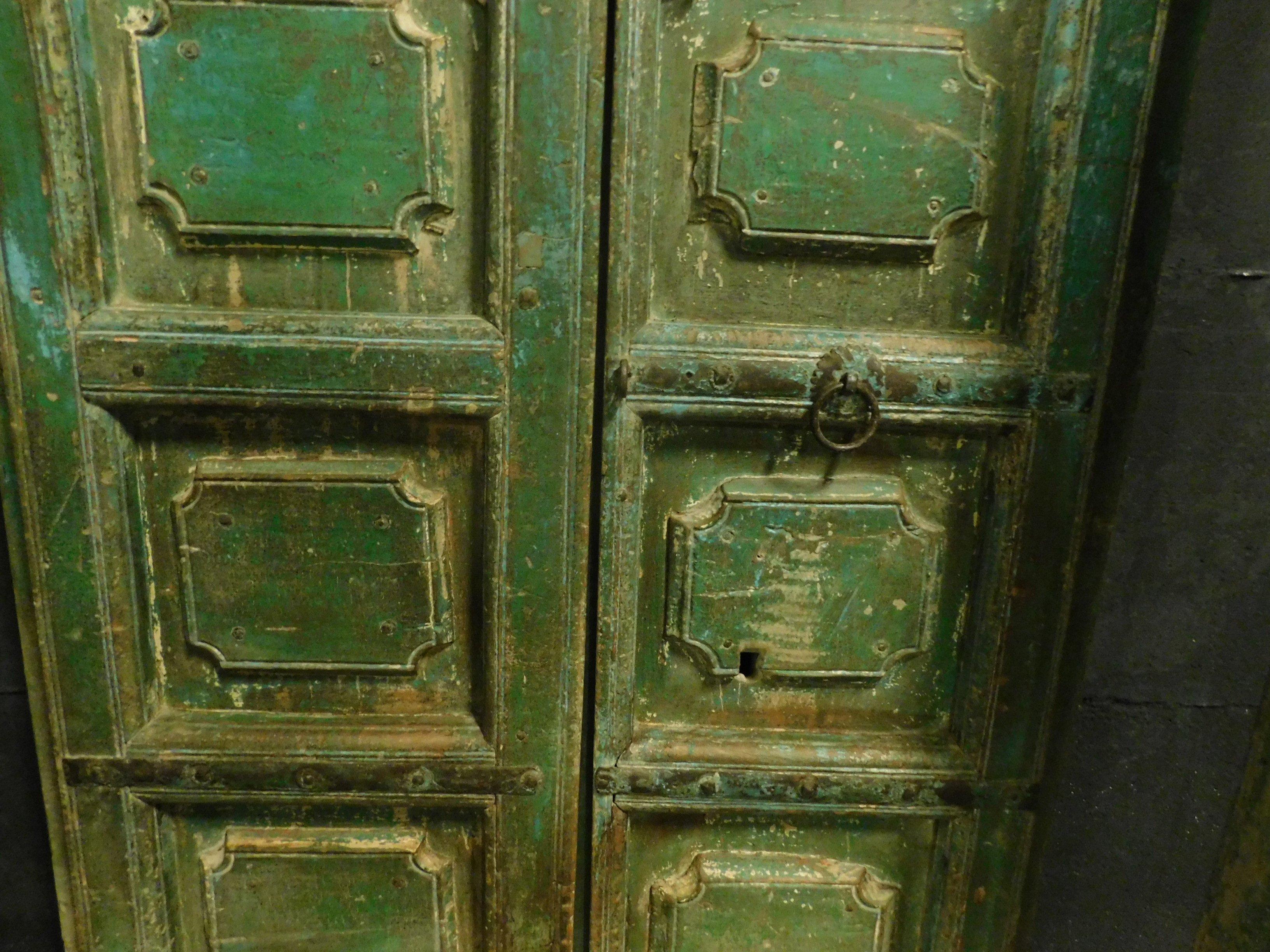 Antique Entrance Door in Green Lacquered Wood, Ethnic Style, 1800 In Good Condition In Cuneo, Italy (CN)