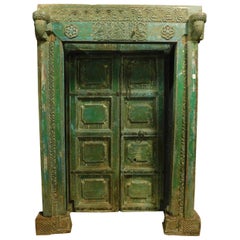 Antique Entrance Door in Green Lacquered Wood, Ethnic Style, 1800