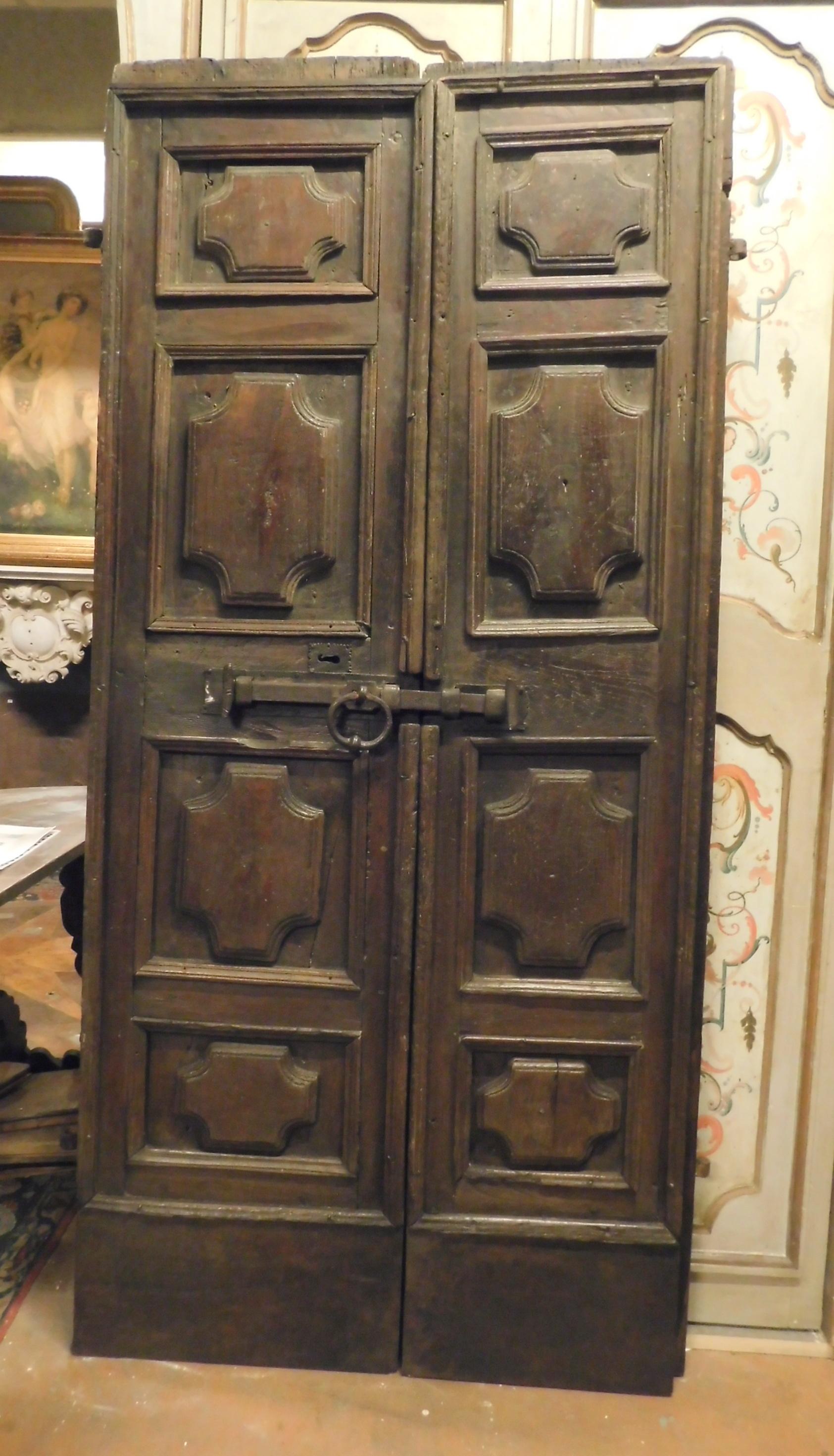 18th Century and Earlier Antique Entrance Door in Walnut with Carved Panels, 17th Century, Italy