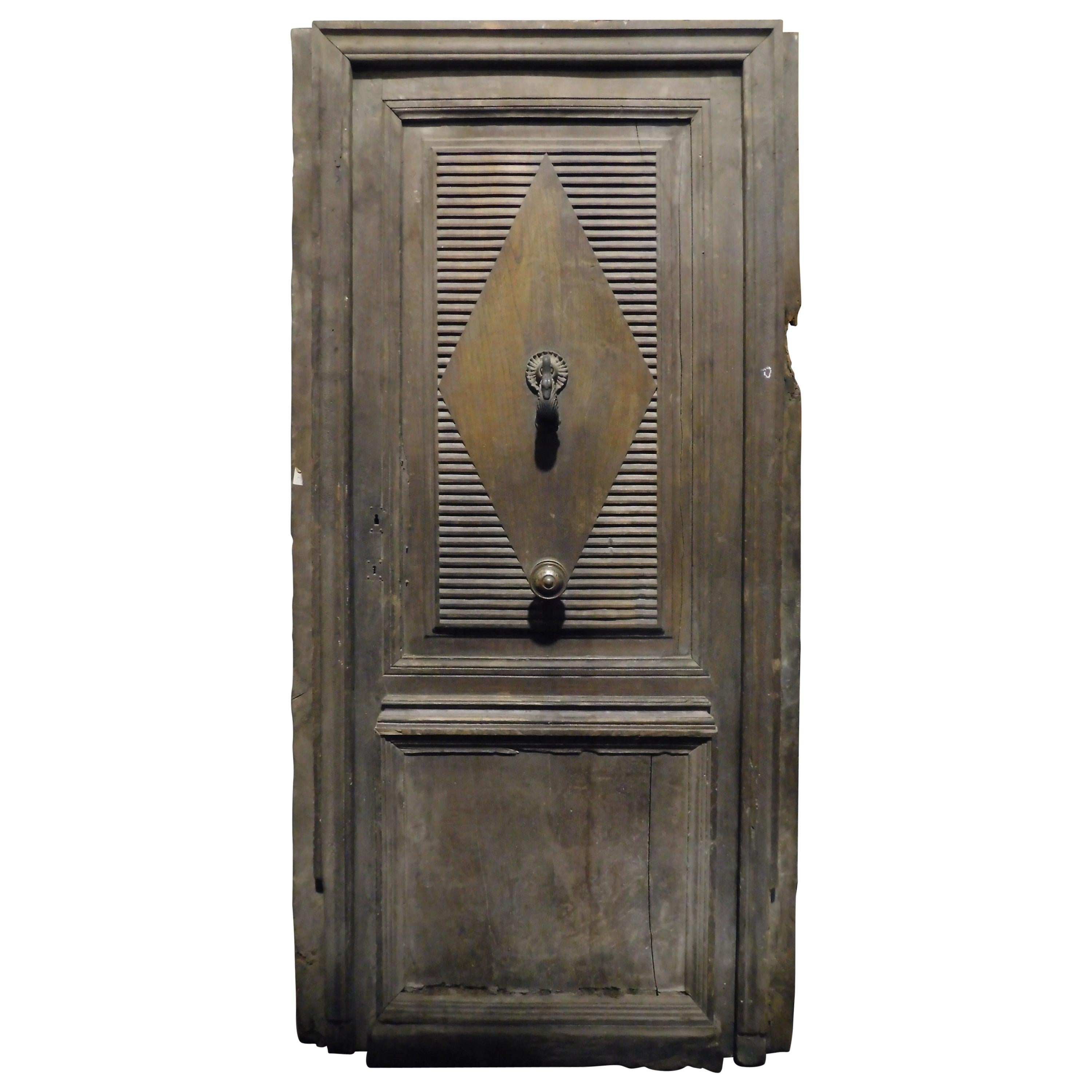 Antique Entrance Door with Frame, Walnut Wood, 19th Century, Italy