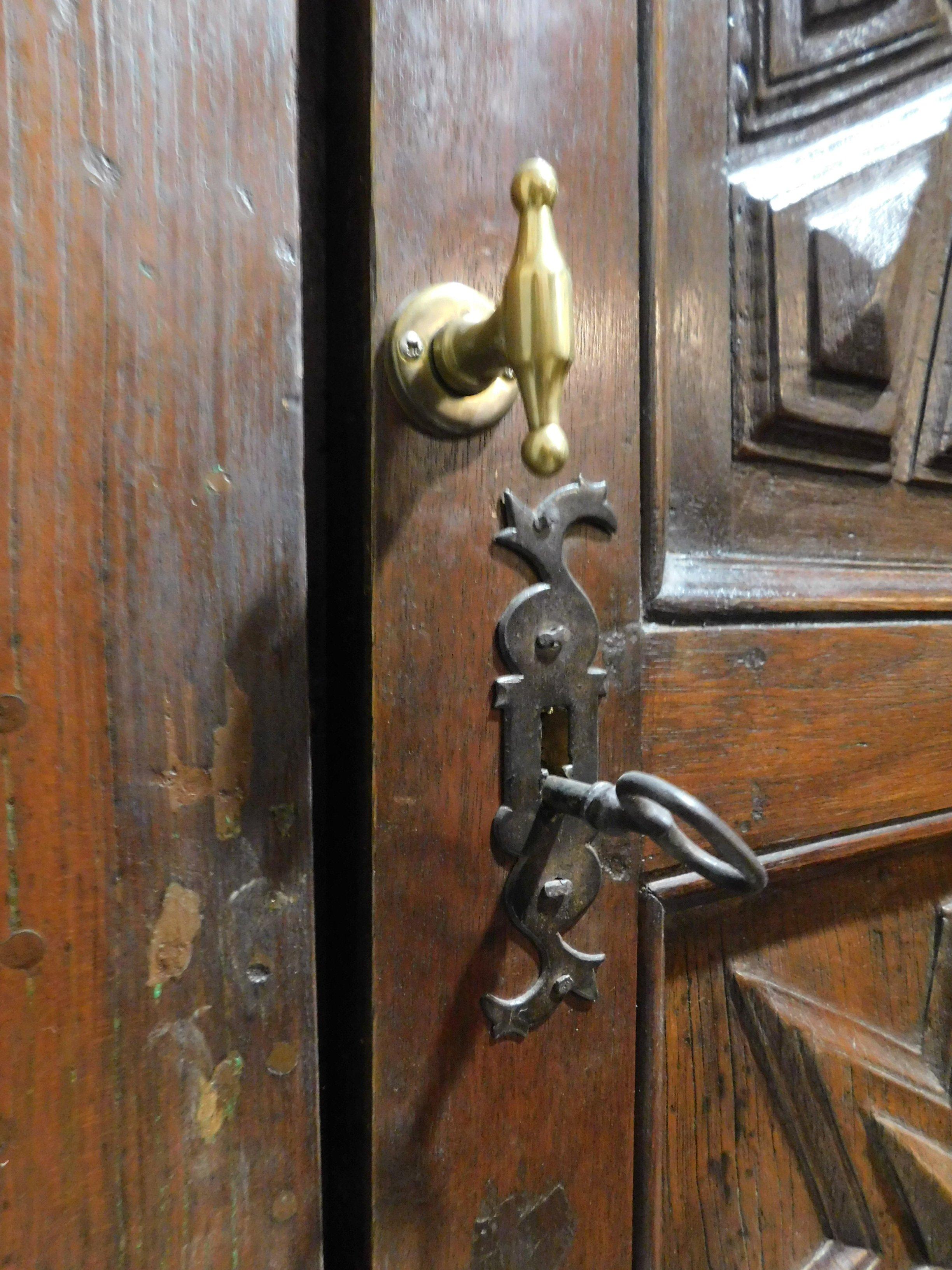 Italian Antique Entrance Double Door Walnut, Diamond Carved Panels, 17th Century, Italy
