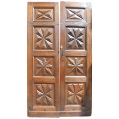 Antique Entrance Double Door Walnut, Diamond Carved Panels, 17th Century, Italy