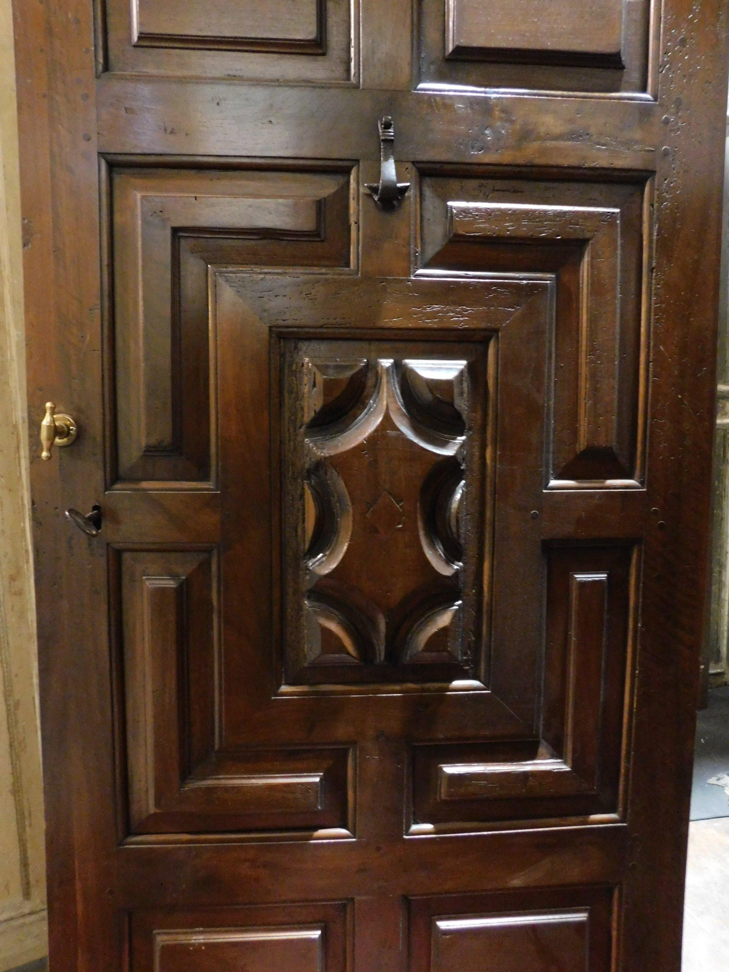 Hand-Carved Antique Entrance Main Door, Carved Walnut, Hand-Knocker, Italy, '700 For Sale