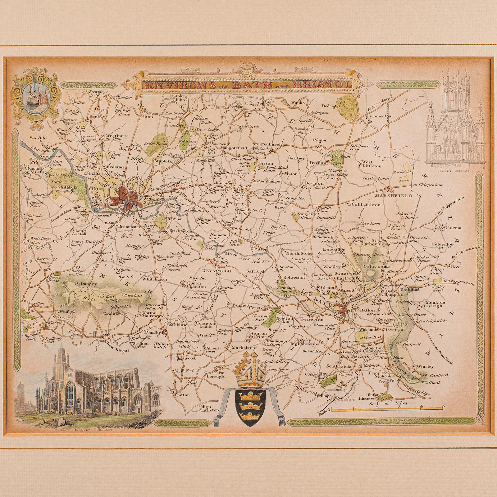 Vittoriano Mappa antica dei dintorni di Bath e Bristol, Inglese, Cartografia incorniciata, Vittoriana in vendita
