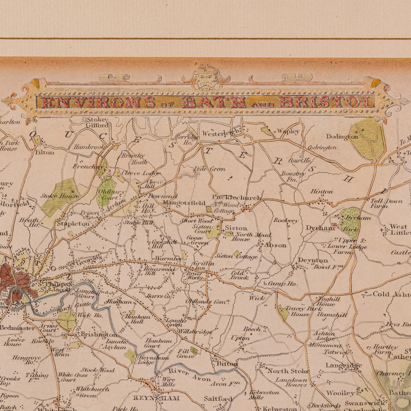 Britannico Mappa antica dei dintorni di Bath e Bristol, Inglese, Cartografia incorniciata, Vittoriana in vendita