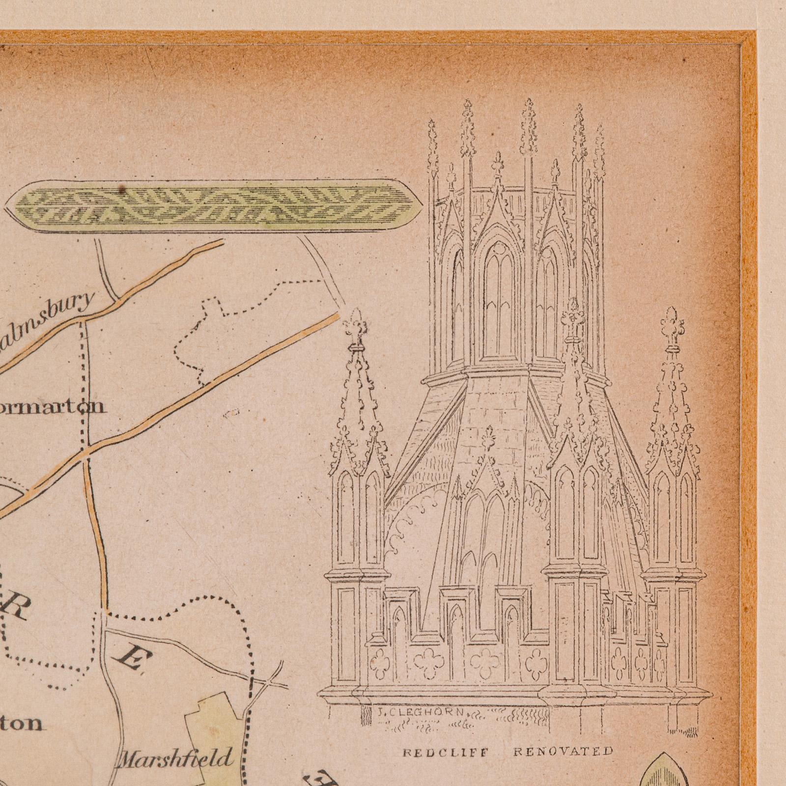 XIX secolo Mappa antica dei dintorni di Bath e Bristol, Inglese, Cartografia incorniciata, Vittoriana in vendita