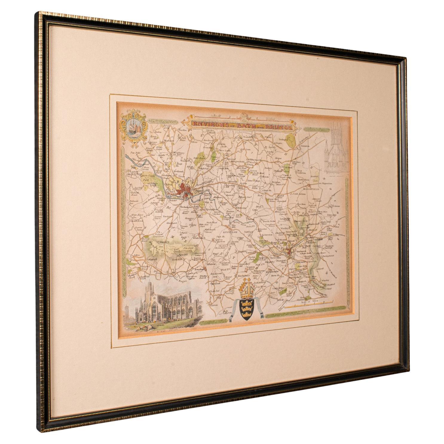 Antique Environs of Bath & Bristol Map, English, Framed Cartography, Victorian