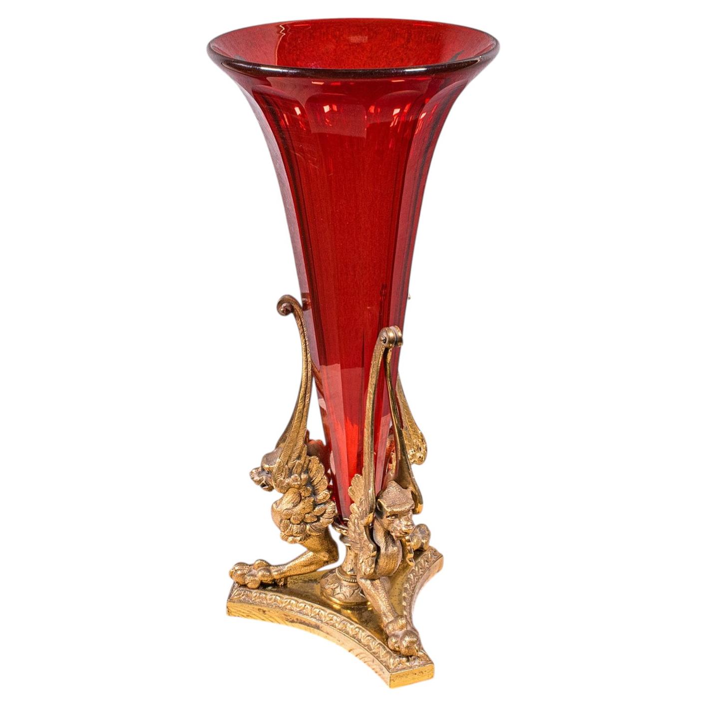 Antique Epergne, French, Gilt Bronze, Cranberry Art Glass, Flower Vase, C.1920