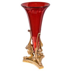 Antique Epergne, French, Gilt Bronze, Cranberry Art Glass, Flower Vase, C.1920
