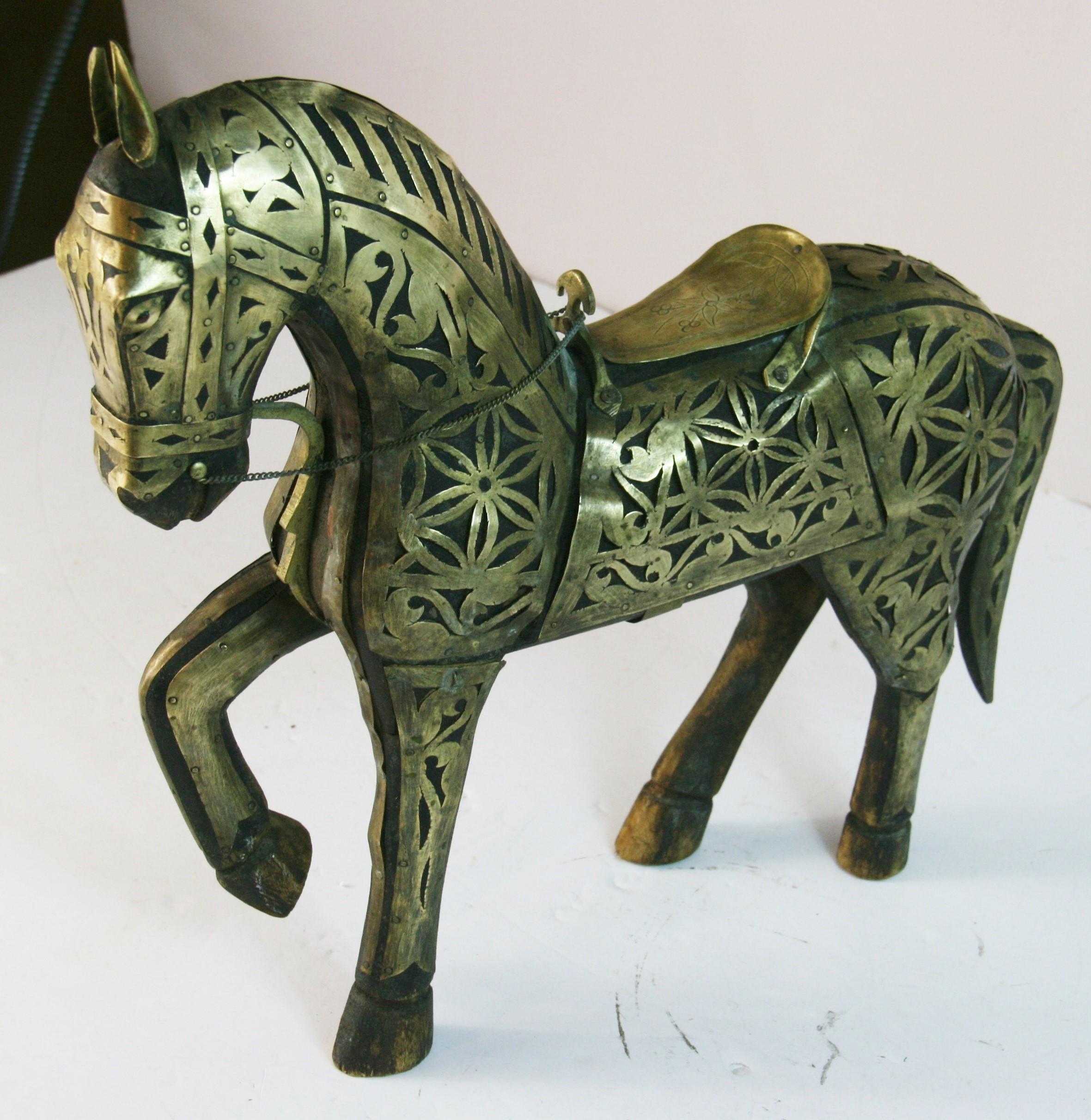 Antique Equestrian Brass Rapped Wood  Sculpture For Sale 8