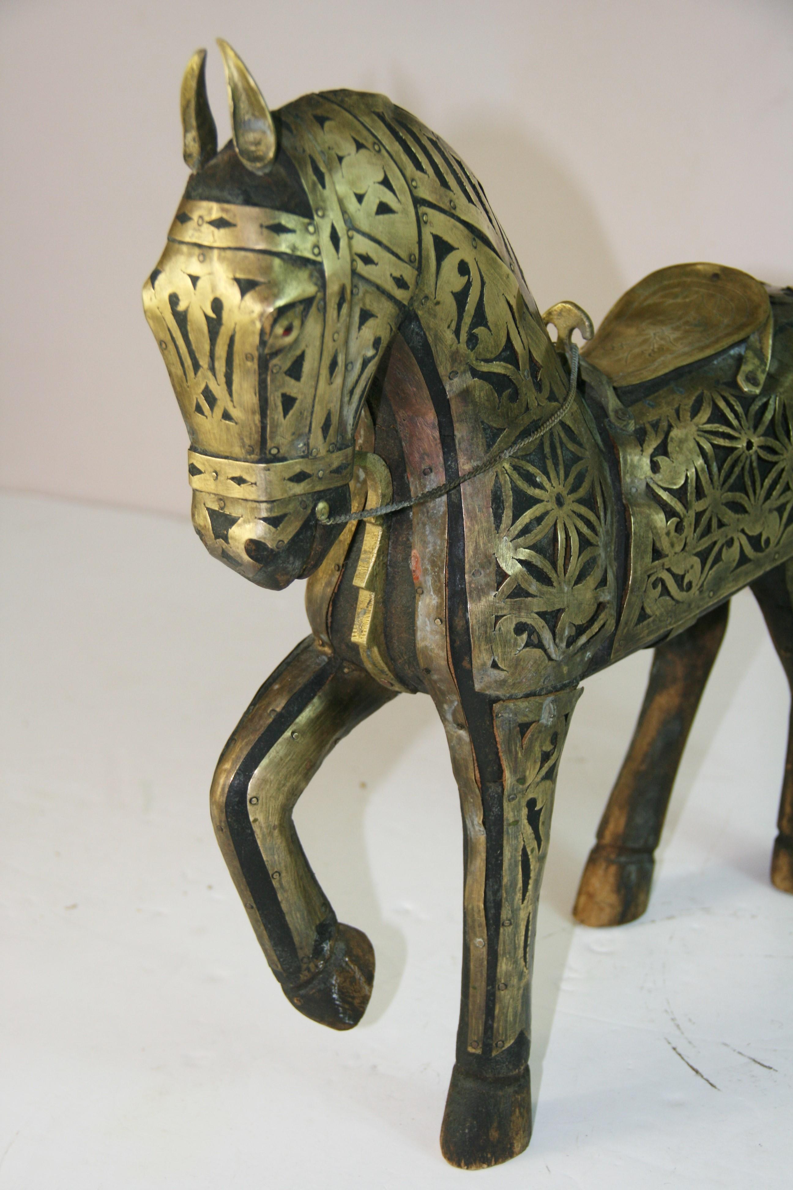 Antique Equestrian Brass Rapped Wood  Sculpture For Sale 9