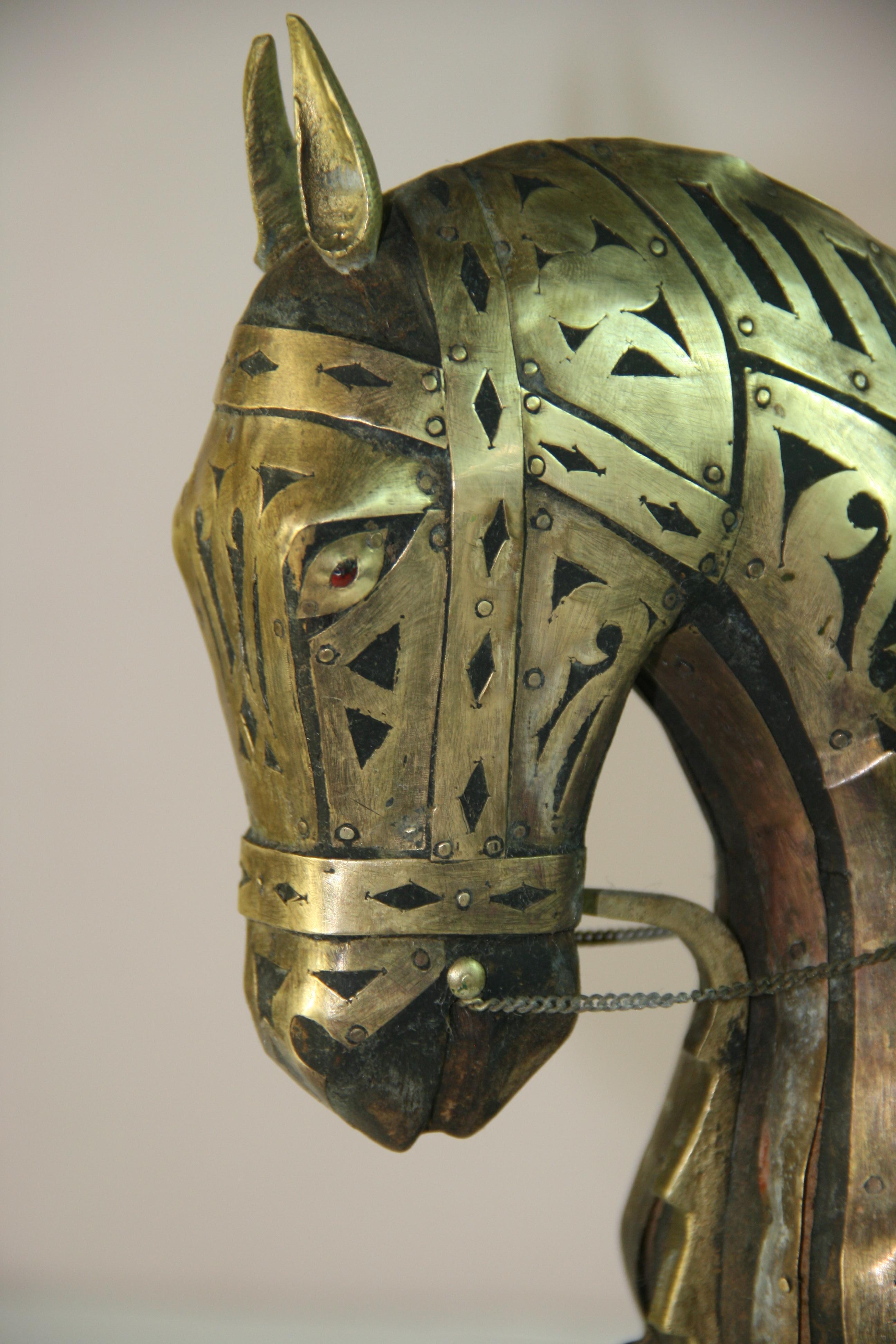 Antique Equestrian Brass Rapped Wood  Sculpture For Sale 11