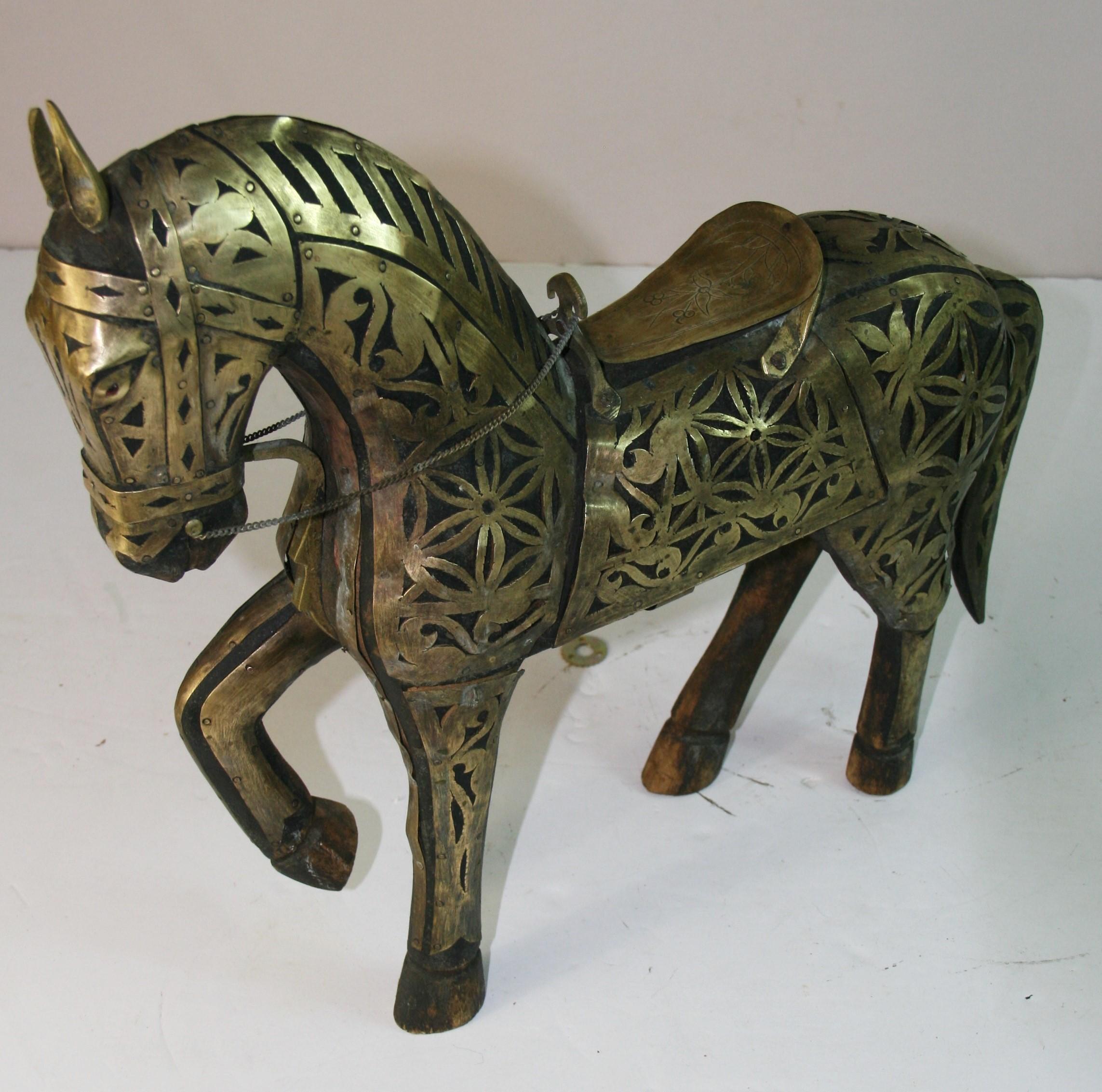 Antique Equestrian Brass Rapped Wood  Sculpture For Sale 15