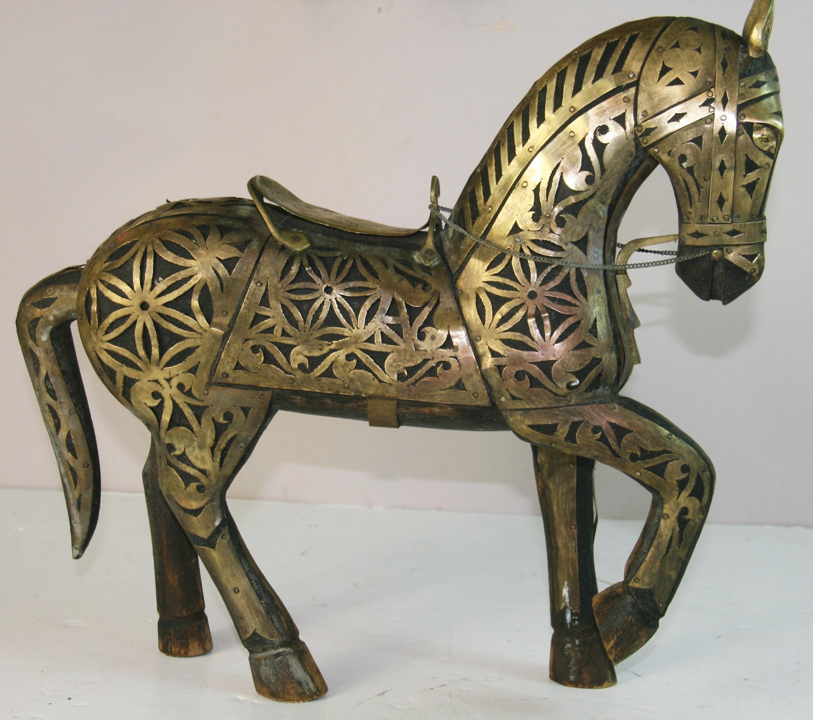 Antique Equestrian Brass Rapped Wood  Sculpture In Good Condition For Sale In Douglas Manor, NY