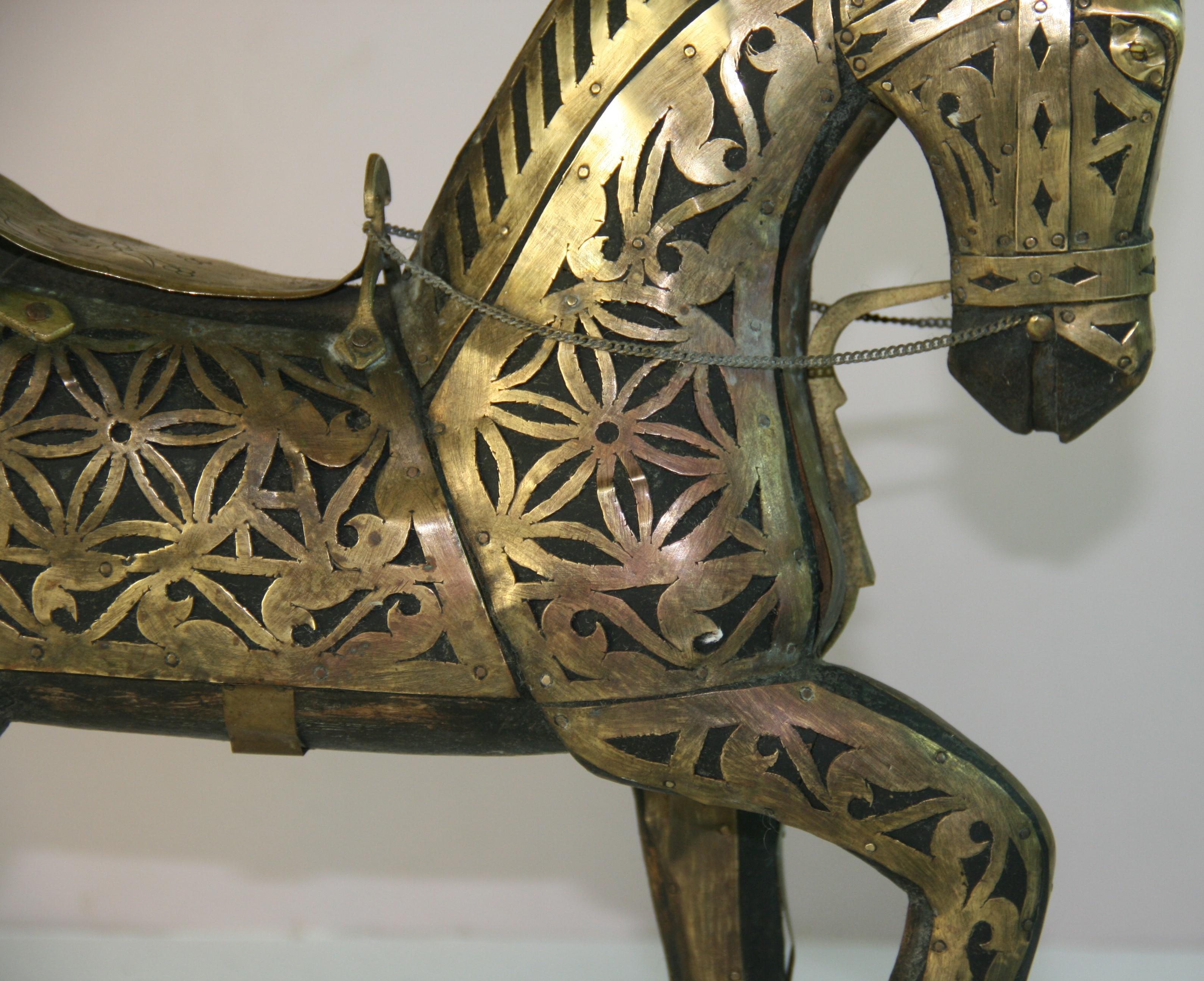 Mid-20th Century Antique Equestrian Brass Rapped Wood  Sculpture For Sale