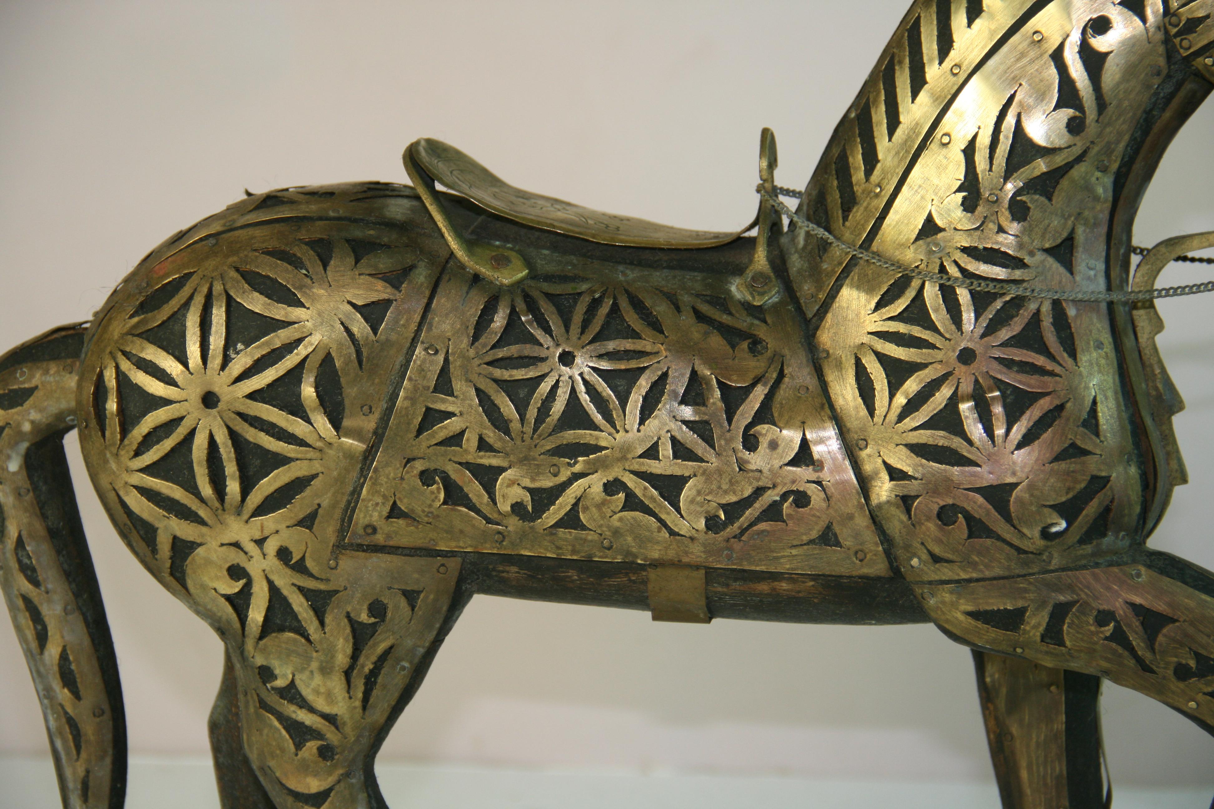 Antique Equestrian Brass Rapped Wood  Sculpture For Sale 1
