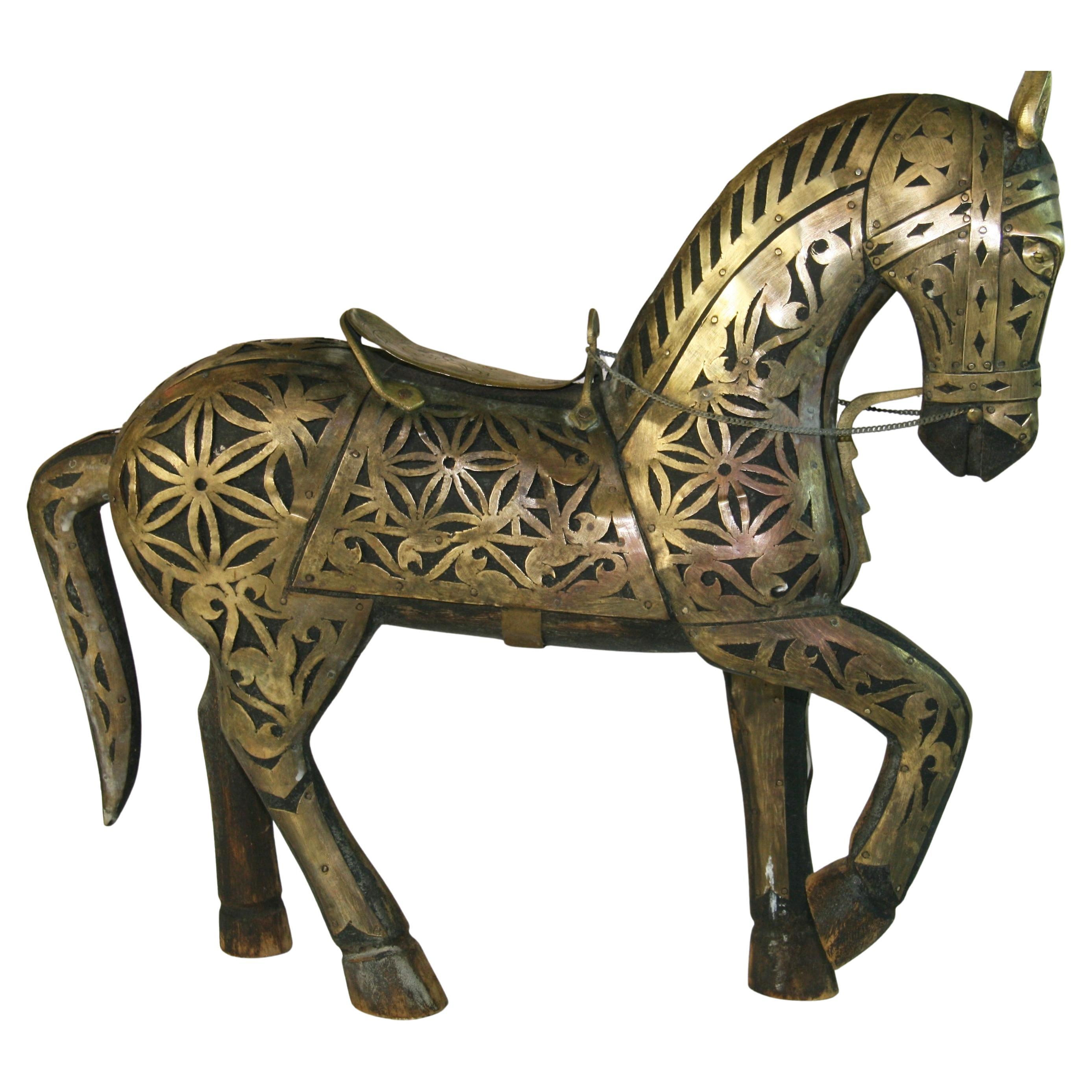 Antique Equestrian Brass Rapped Wood  Sculpture For Sale