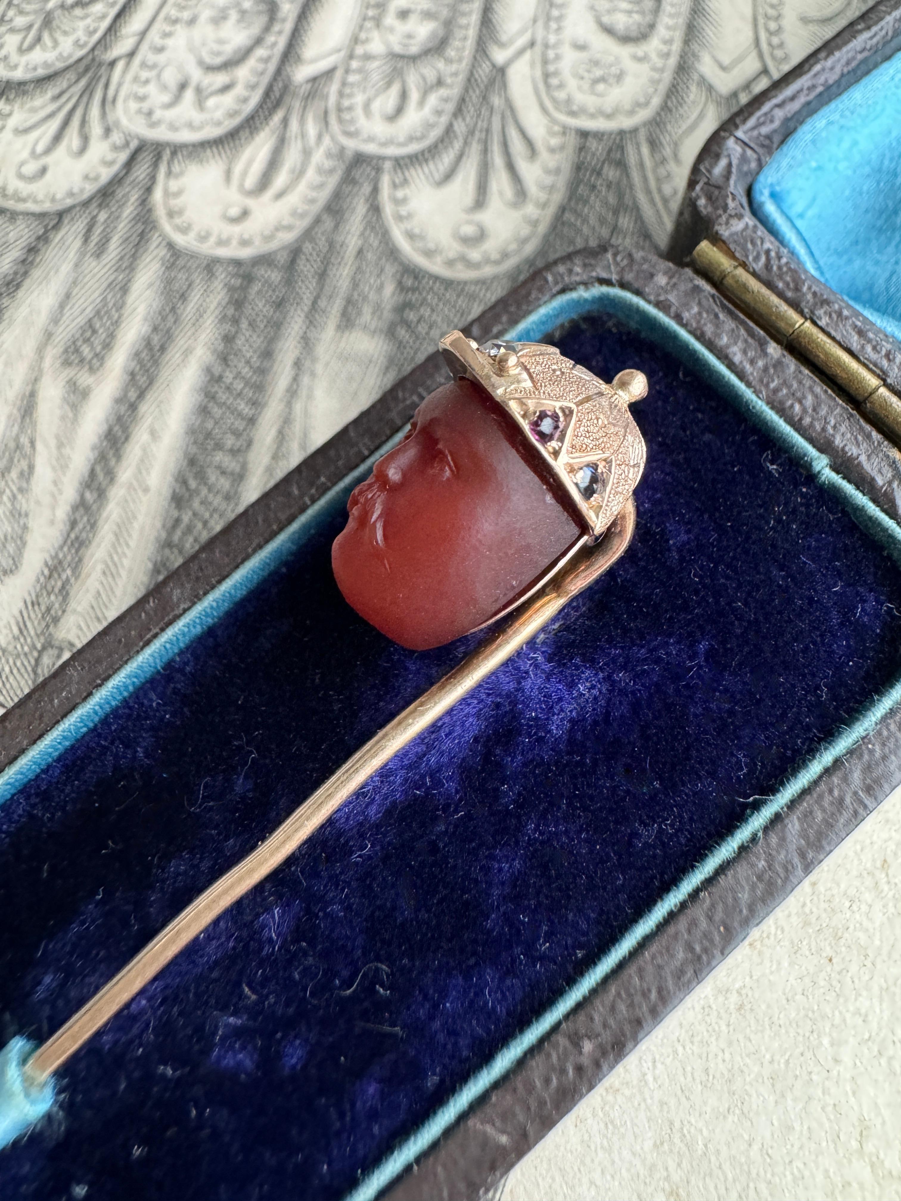 Antique Equestrian Carved Carnelian Jockey Cameo Stickpin - C 1890 In Good Condition For Sale In Hummelstown, PA