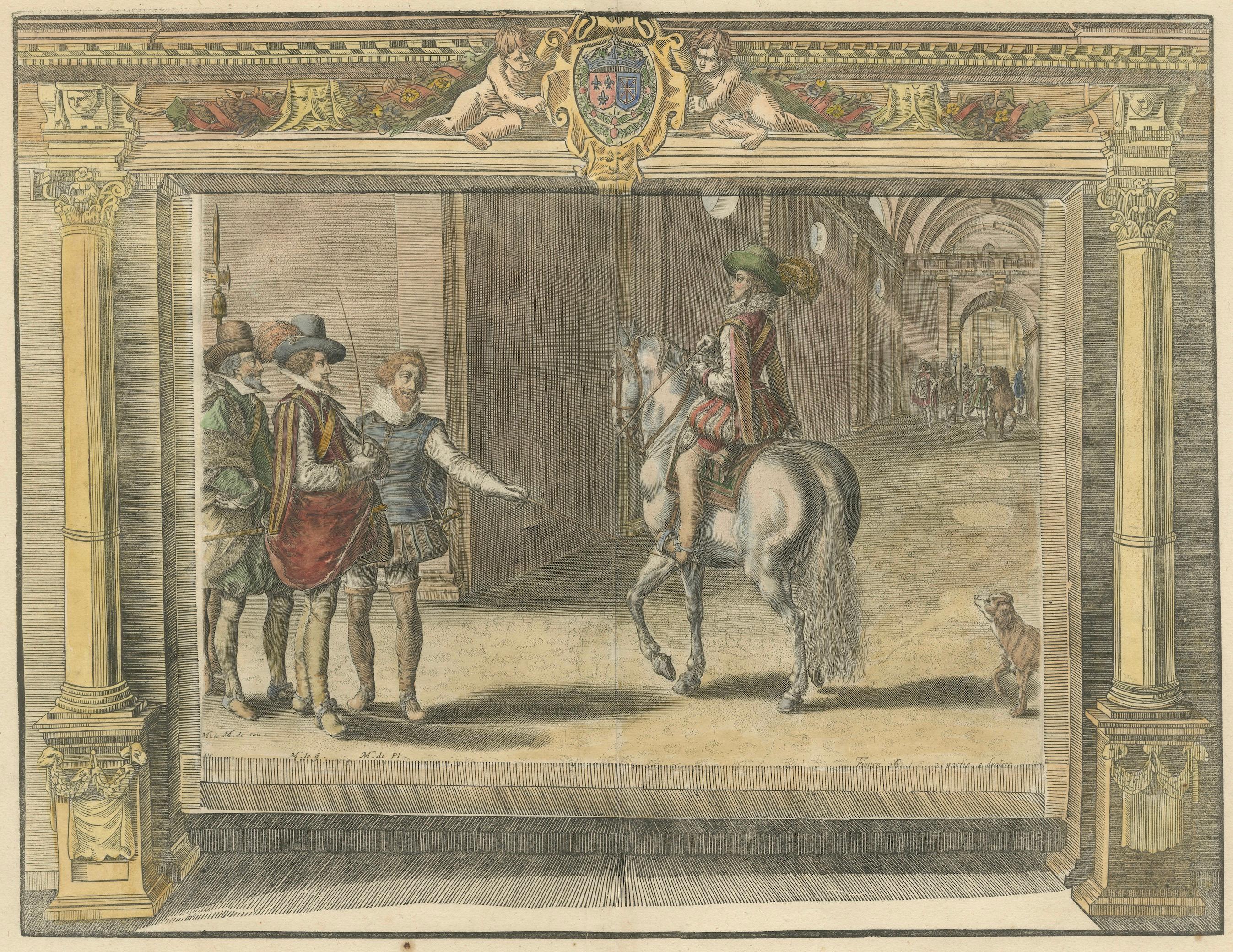 Antique Equestrian Court Engravings Set of 2, French Renaissance Scenes, c.1623