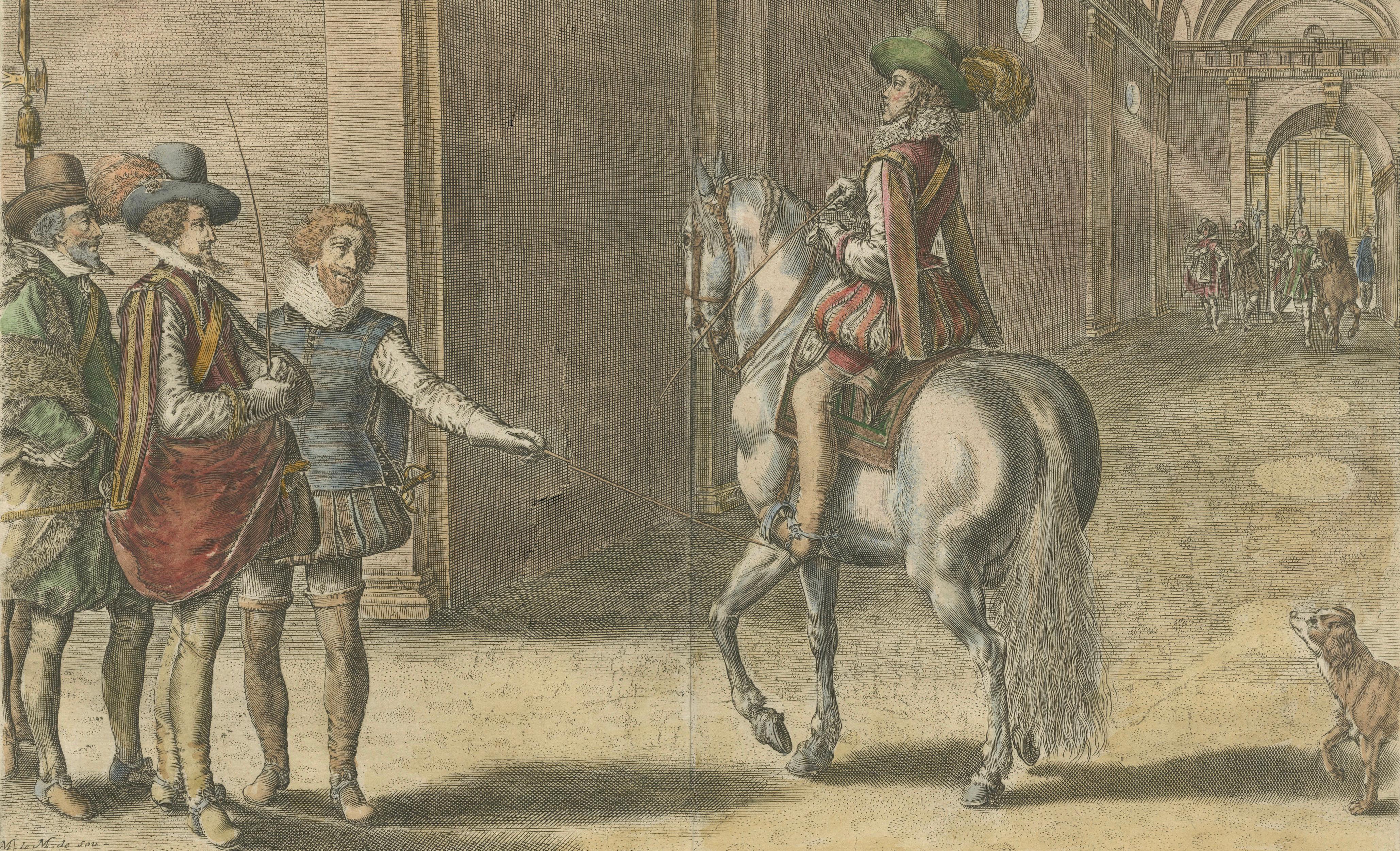 Antique Equestrian Court Engravings Set of 2, French Renaissance Scenes, c.1623