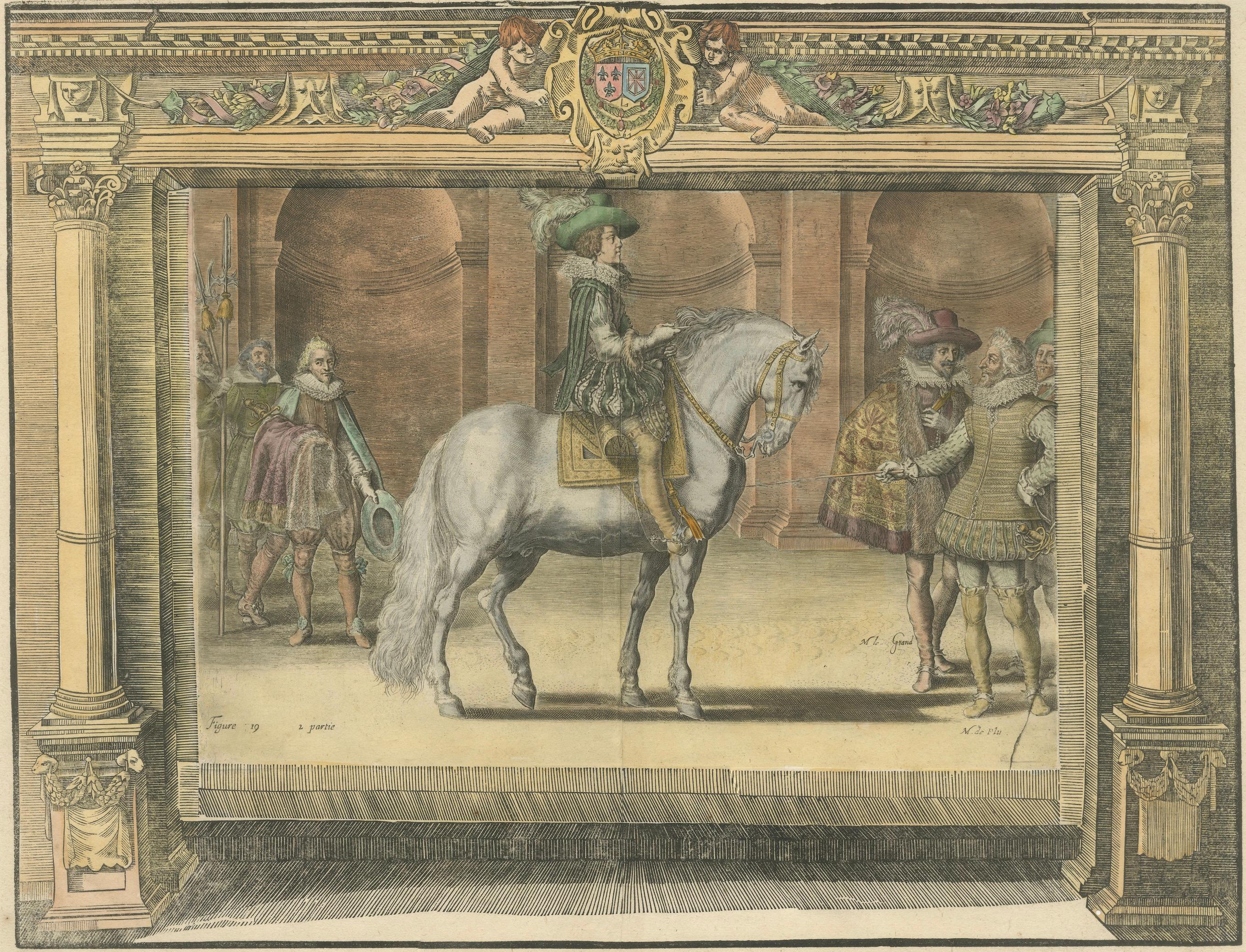 Antique Equestrian Court Engravings Set of 2, French Renaissance Scenes, c.1623