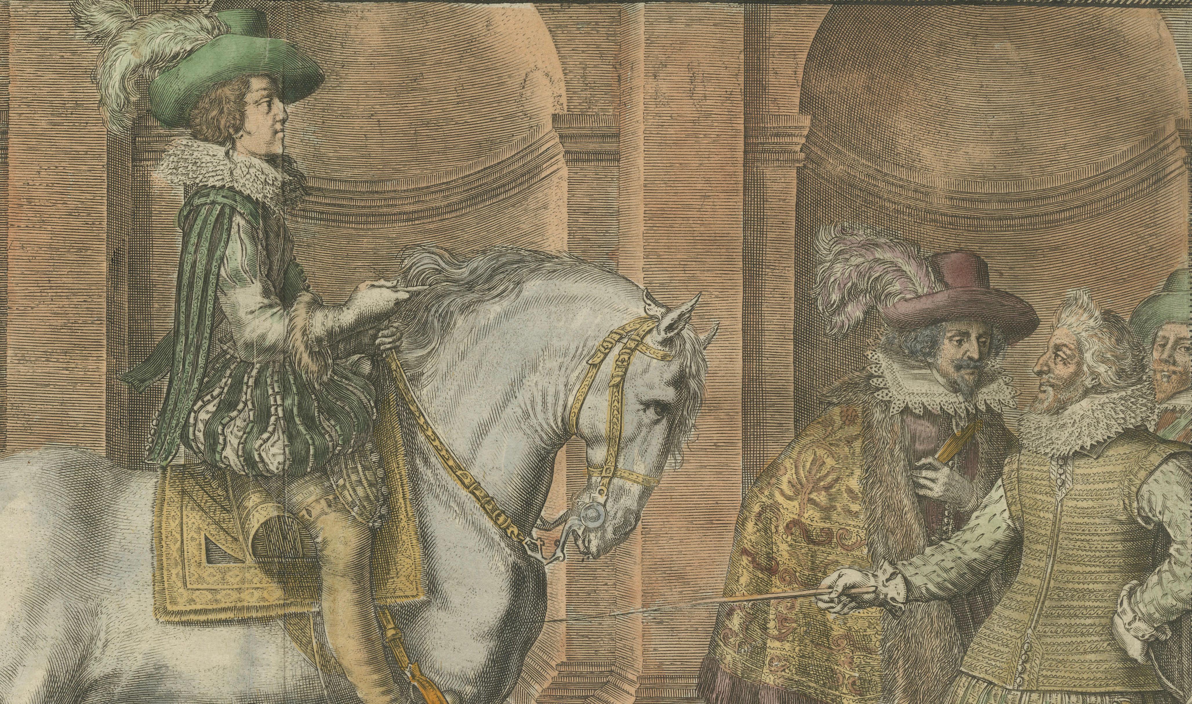 Antique Equestrian Court Engravings Set of 2, French Renaissance Scenes, c.1623