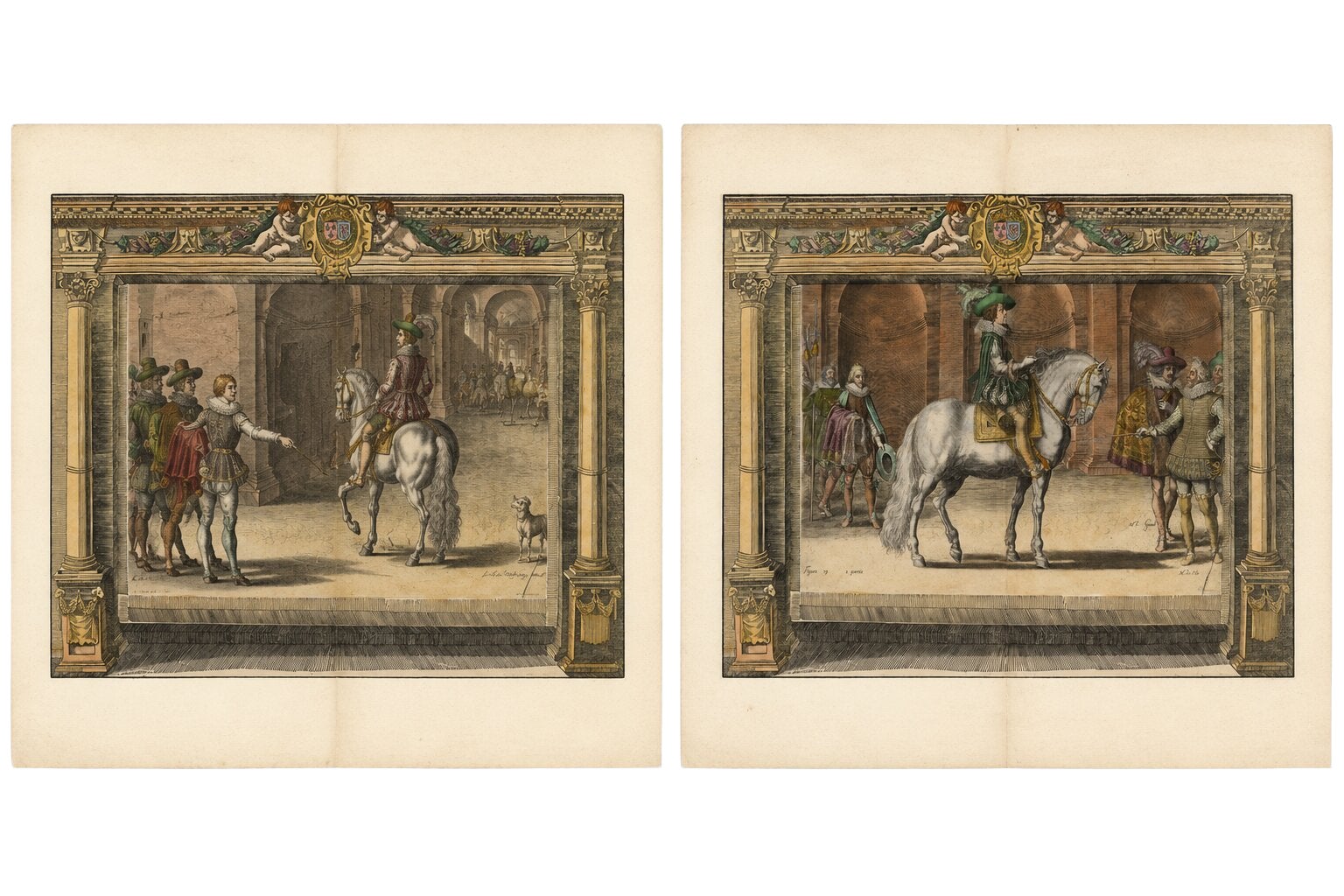 Antique Equestrian Court Engravings Set of 2, French Renaissance Scenes, c.1623