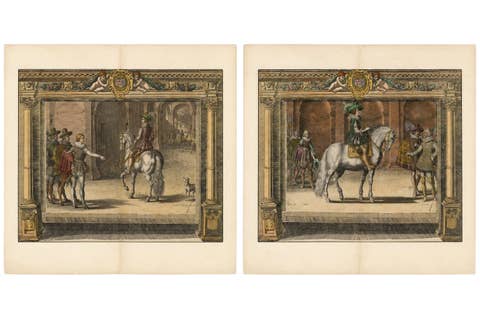 Antique Equestrian Court Engravings Set of 2, French Renaissance Scenes, c.1623