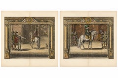 Antique Equestrian Court Engravings Set of 2, French Renaissance Scenes, c.1623