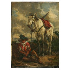 Antique Equestrian Painting on Wood Panel the Sentinel, 1908