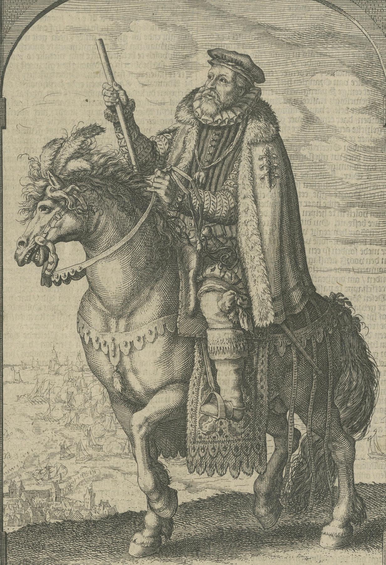 Portrait équestre ancien de Luis de Requeséns, eau-forte c.1620

Ce remarquable portrait équestre représente Luis de Requeséns y Zúñiga (1528-1576), éminent diplomate, soldat et homme d'État espagnol qui fut gouverneur du duché de Milan, puis des