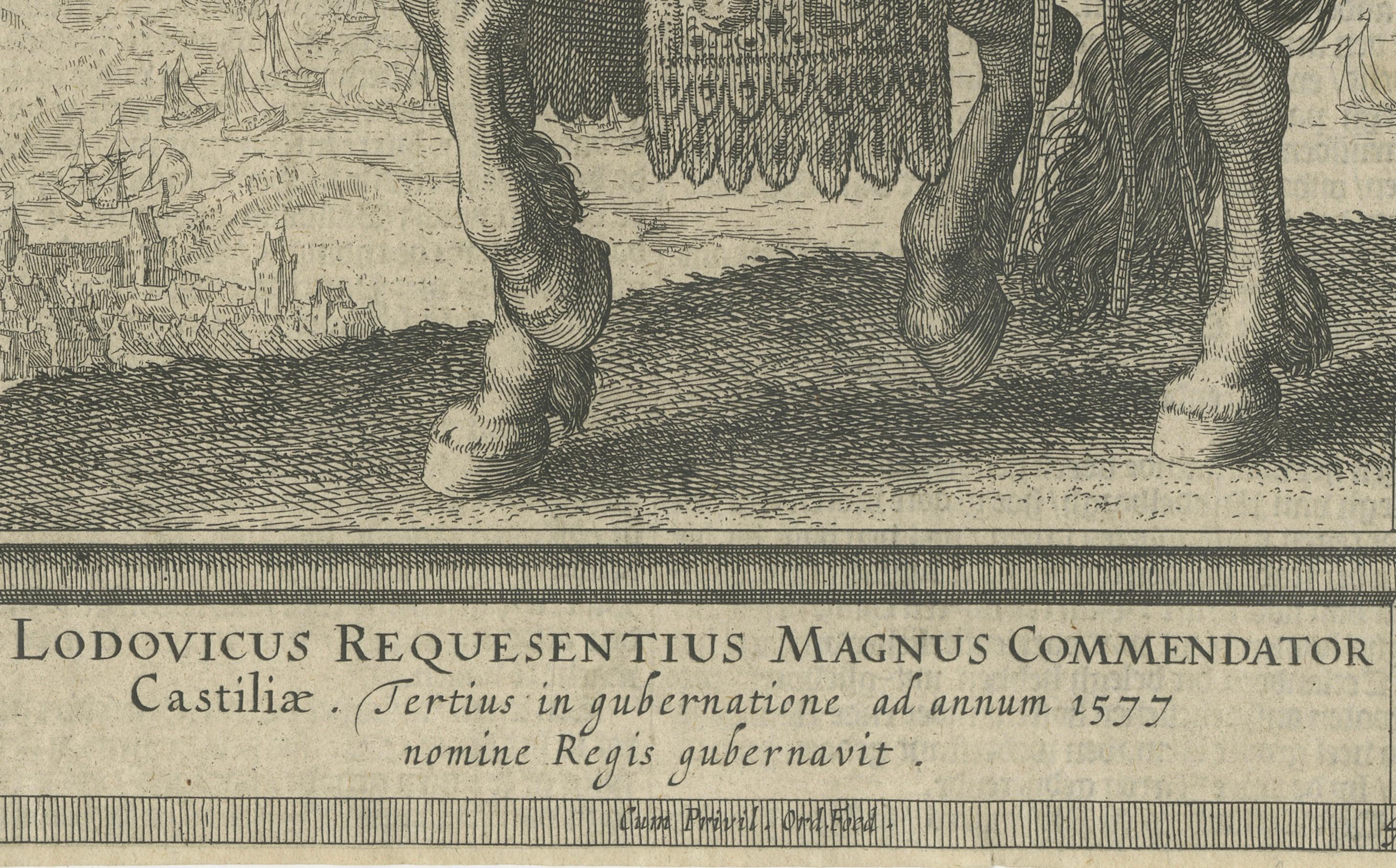 Néerlandais Portrait équestre ancien de Luis de Requeséns, eau-forte c.1620 en vente