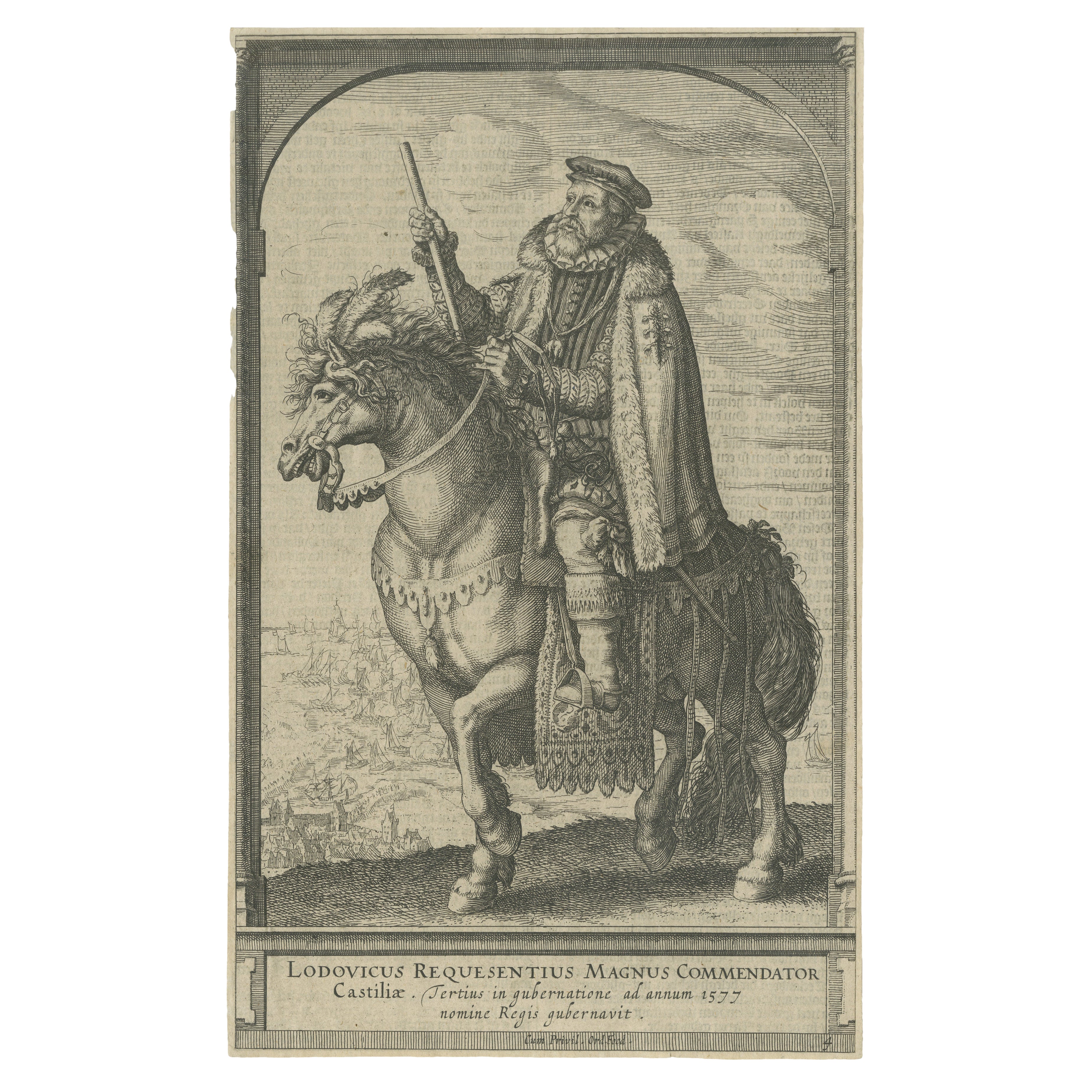 Portrait équestre ancien de Luis de Requeséns, eau-forte c.1620 en vente