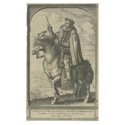 Antique Equestrian Portrait of Luis de Requeséns, Etching c.1620