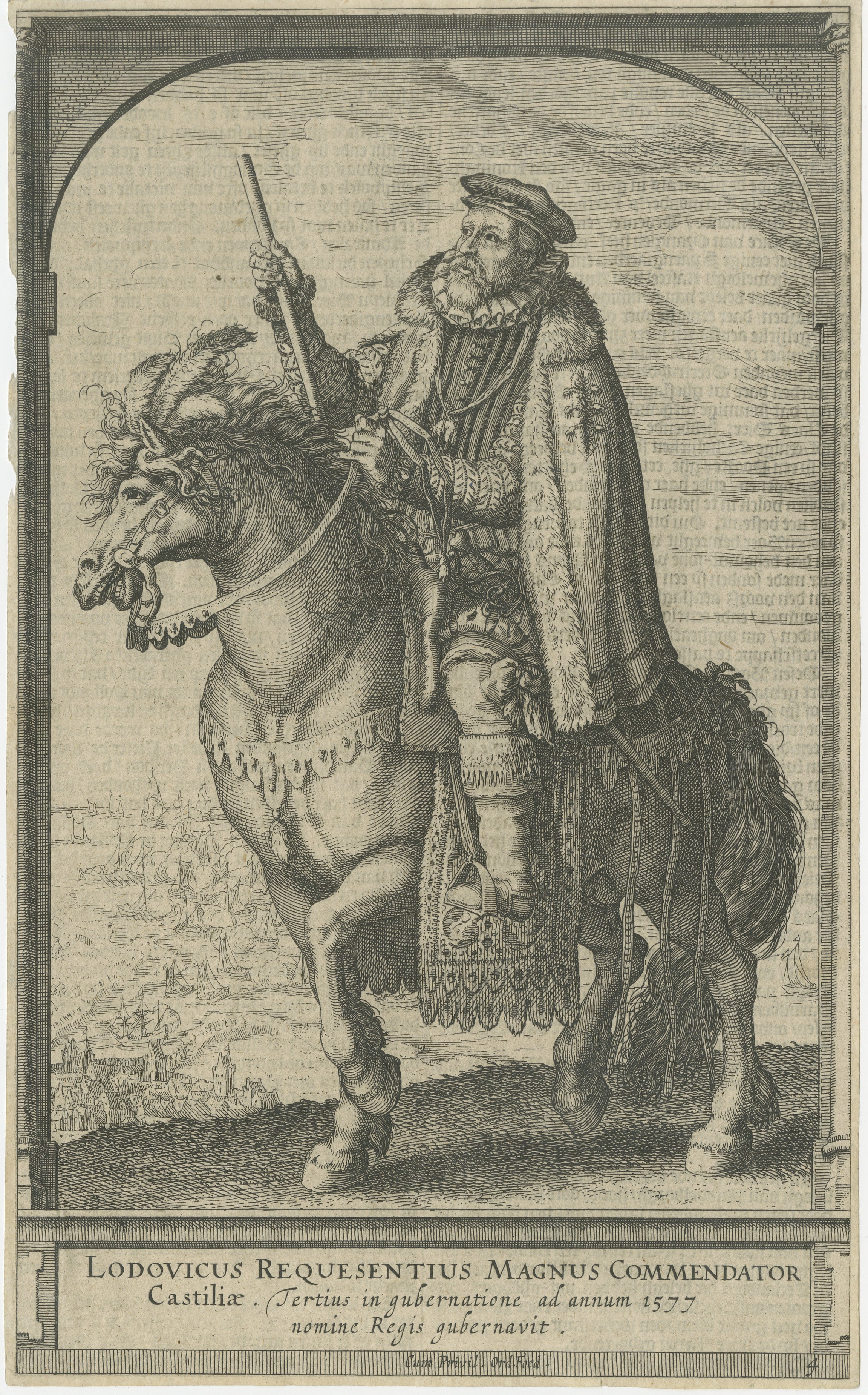 Portrait équestre ancien de Luis de Requeséns, eau-forte c.1620 en vente
