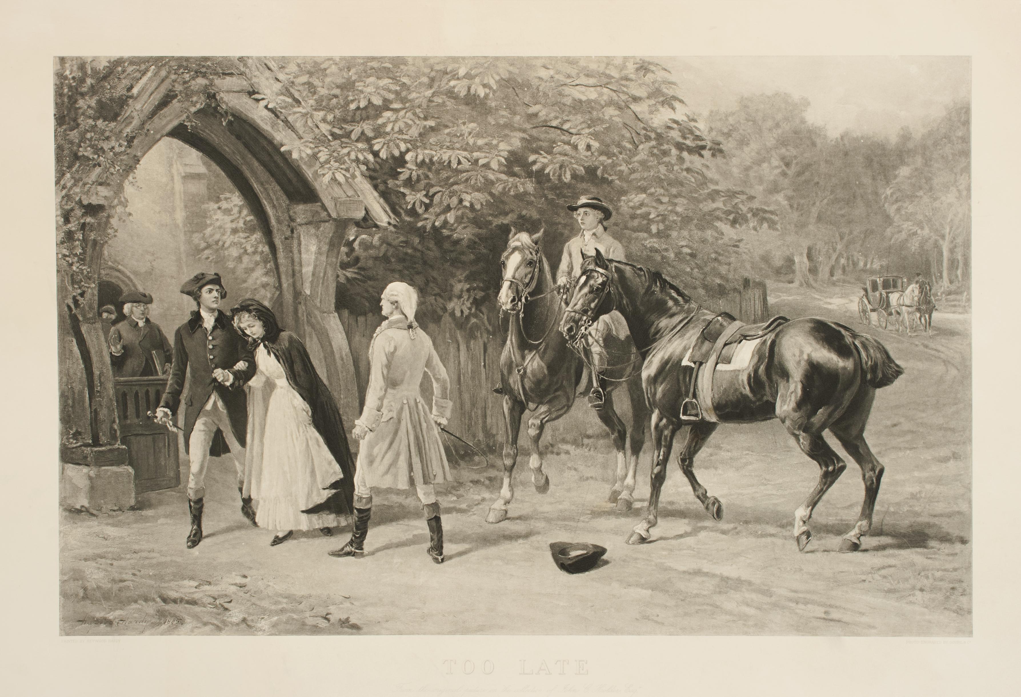 Equestrian Print, Heywood Hardy.
A fine photogravure after the original painting by Heywood Hardy titled 'Too Late'. The 'romantic' print depicts a young couple leaving the church where they have just got married. Her distraught father and brother