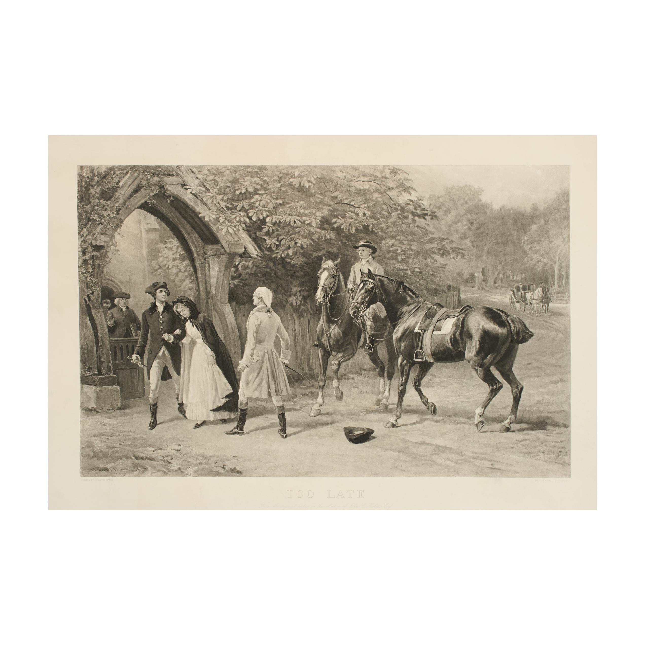 Antique Equestrian Print, Heywood Hardy Engraving "Too Late" For Sale