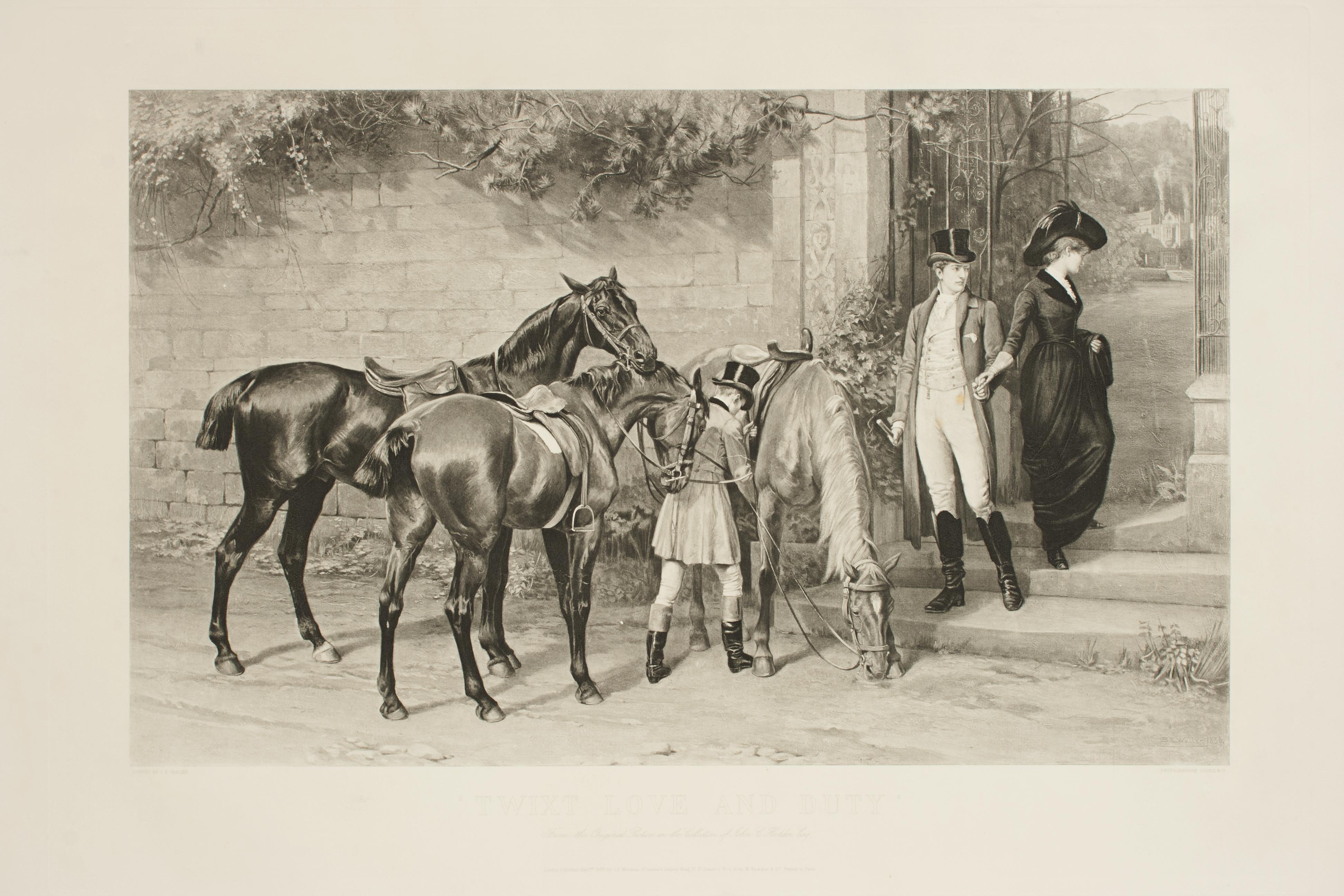 Equestrian print, S.E. Waller.
A fine photogravure after the original painting by Samuel Edmund Waller titled 'Twixt Love And Duty'. The 'romantic' print depicts an elopement scene between a lady and her gentleman, the lady taking one final look