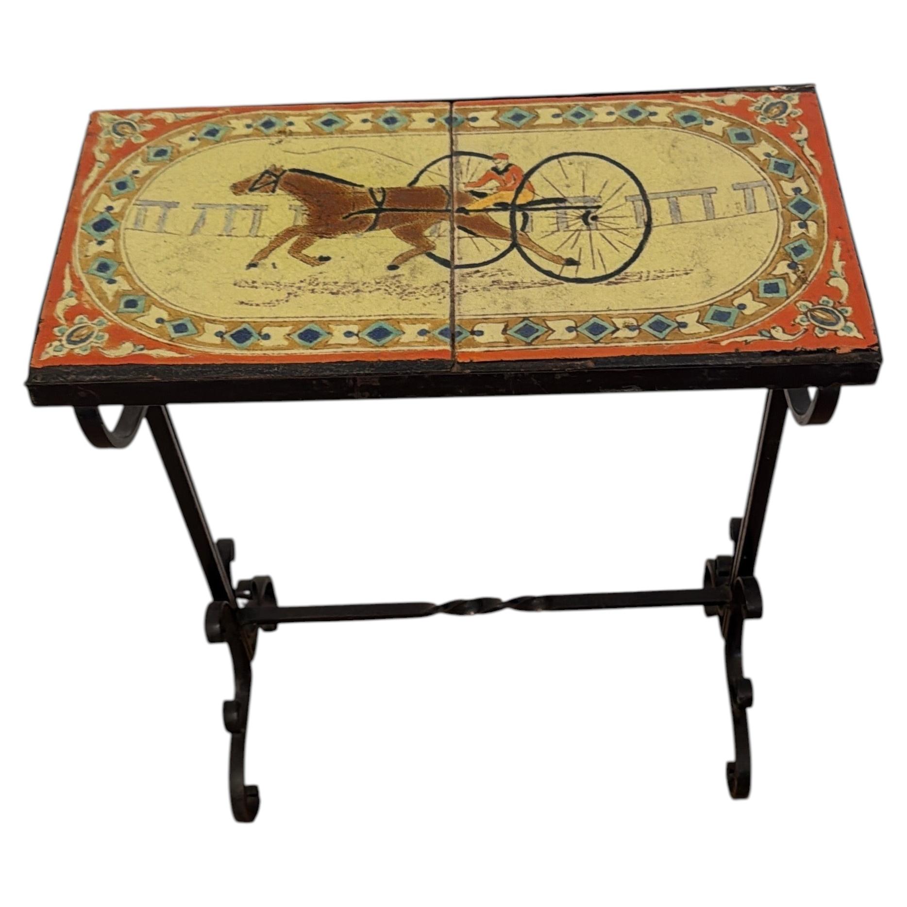 Antique Equestrian Tile Top Side Table, Wrought Iron, Circa 1920's For Sale