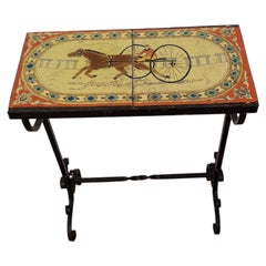 Antique Equestrian Tile Top Side Table, Wrought Iron, Circa 1920's
